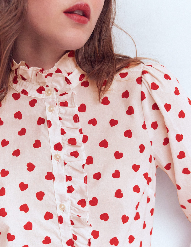 Isabel Ruffle Cotton Shirt-Ivory, Heart Confetti 3