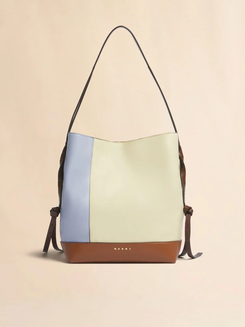 BLUE CREAM AND BROWN LEATHER POD 2.0 SMALL HOBO BAG - 1