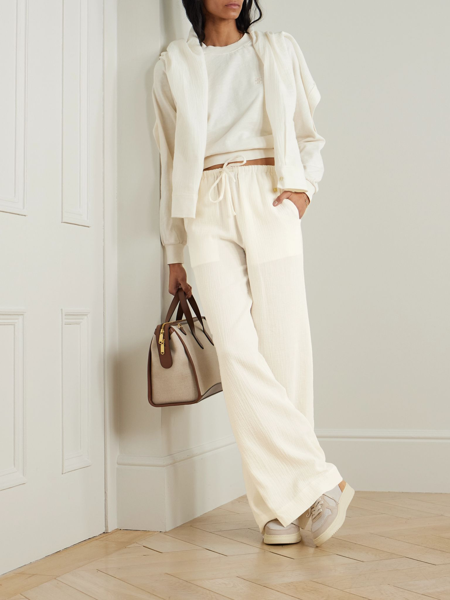 Brody embellished cotton-gauze straight-leg pants Ivory - 2