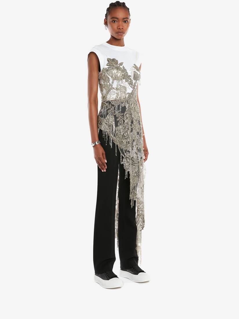 Lily Pad Embroidery Asymmetric Top in White/silver - 3