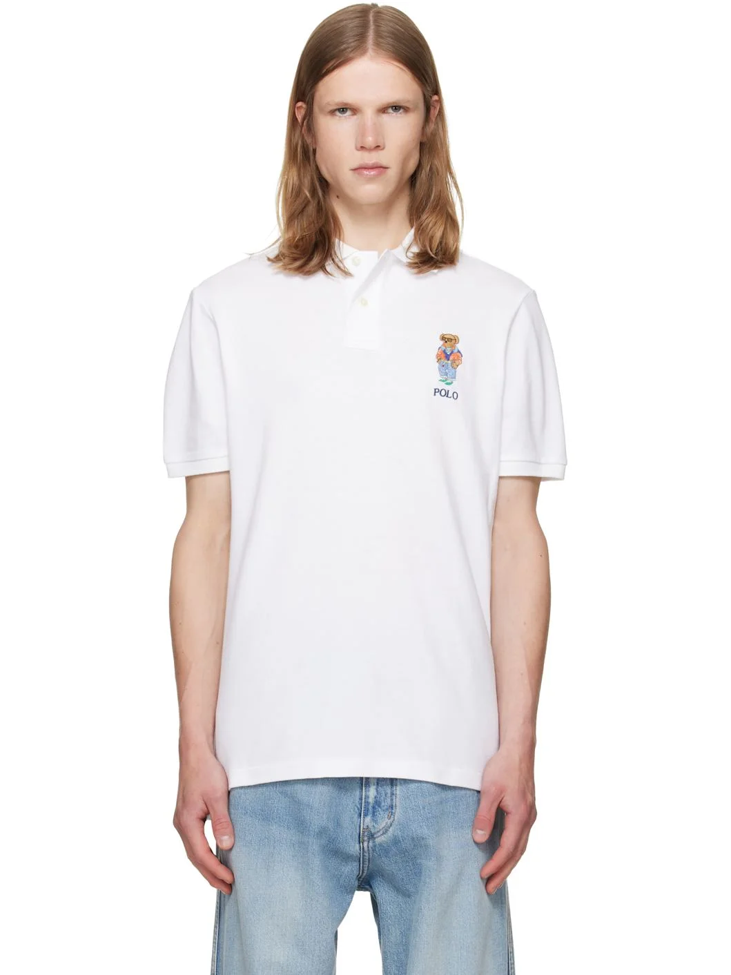 White Classic Fit Polo Bear Mesh Polo - 1