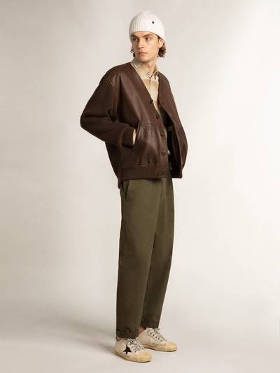 Golden Goose Chocolate-colored leather and knit V-neck cardigan outlook