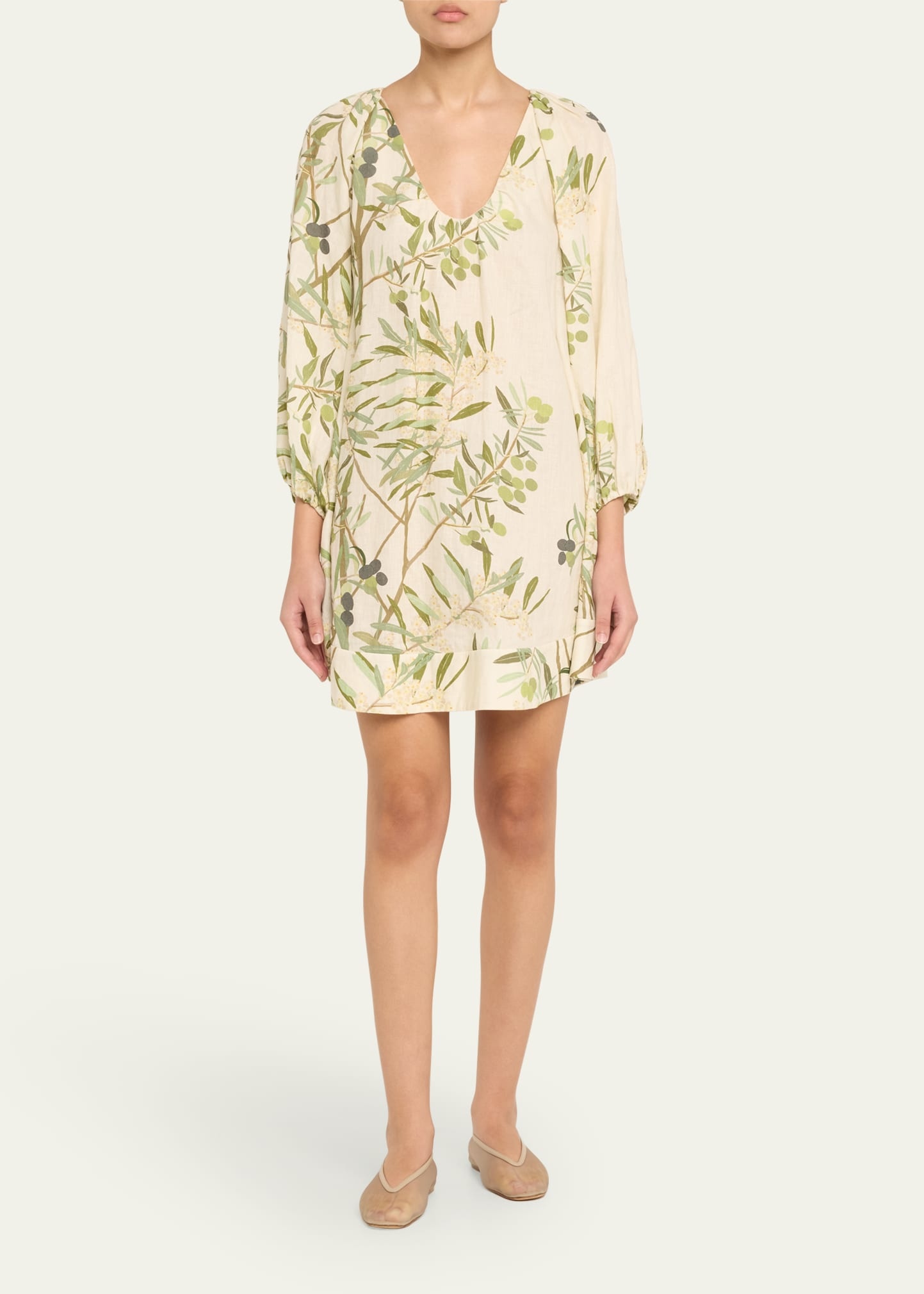 Flowy Puff-Sleeve Printed Linen Mini Dress - 2