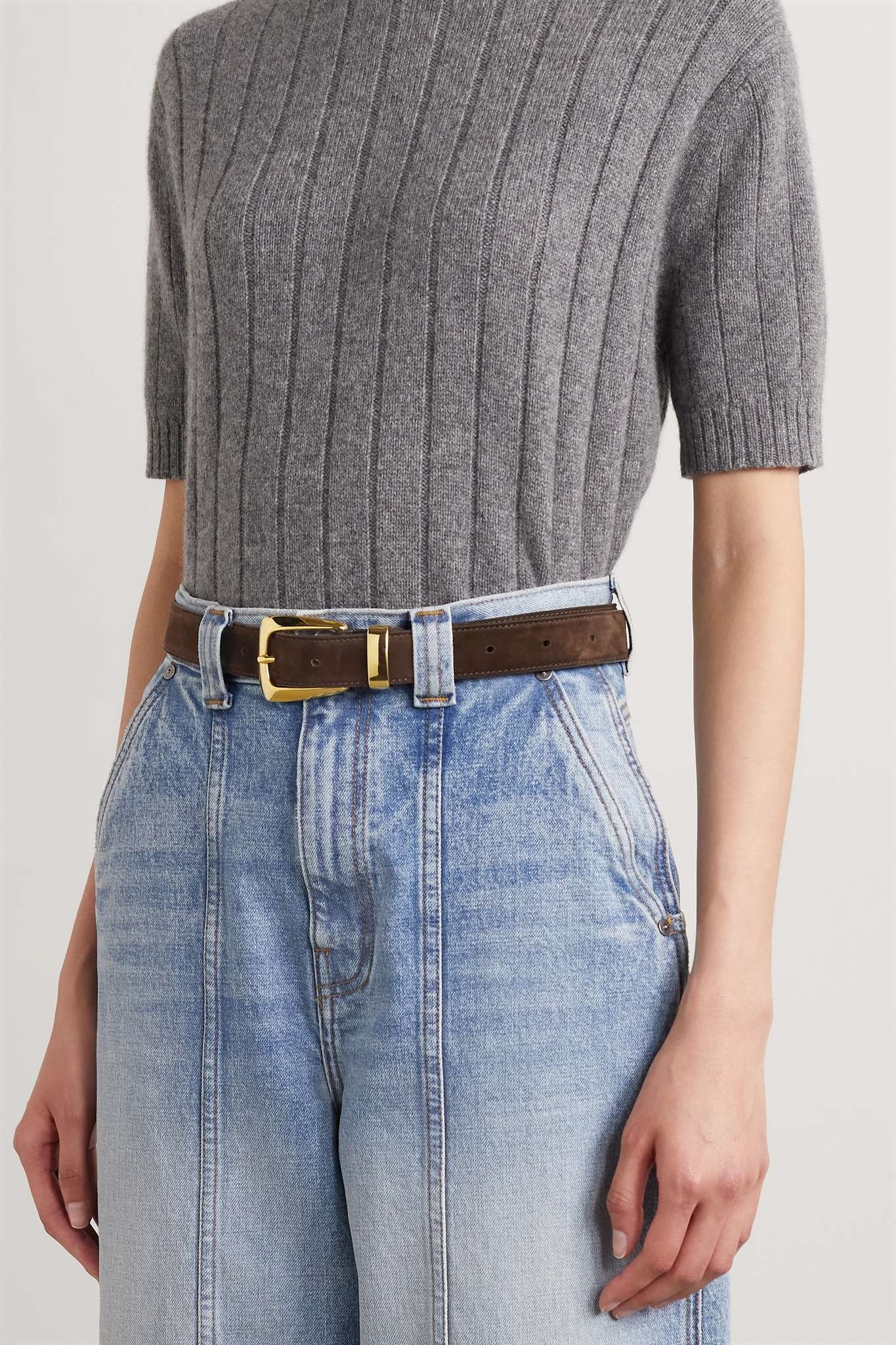The Benny Belt in Coffee Suede with Gold– KHAITE