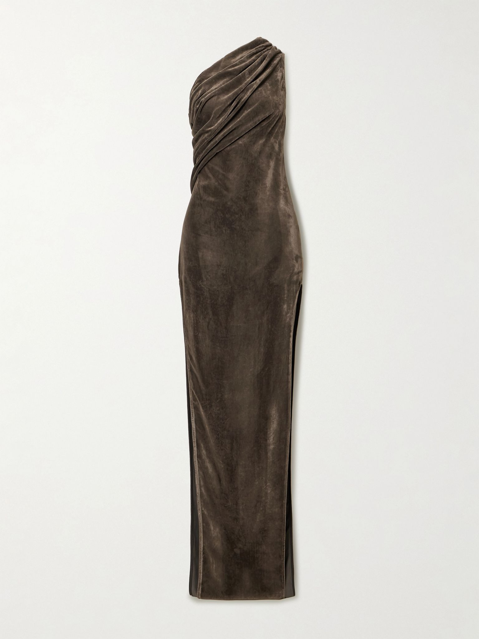 Athena Arrowhead one-shoulder draped crushed-velvet gown Brown - 1