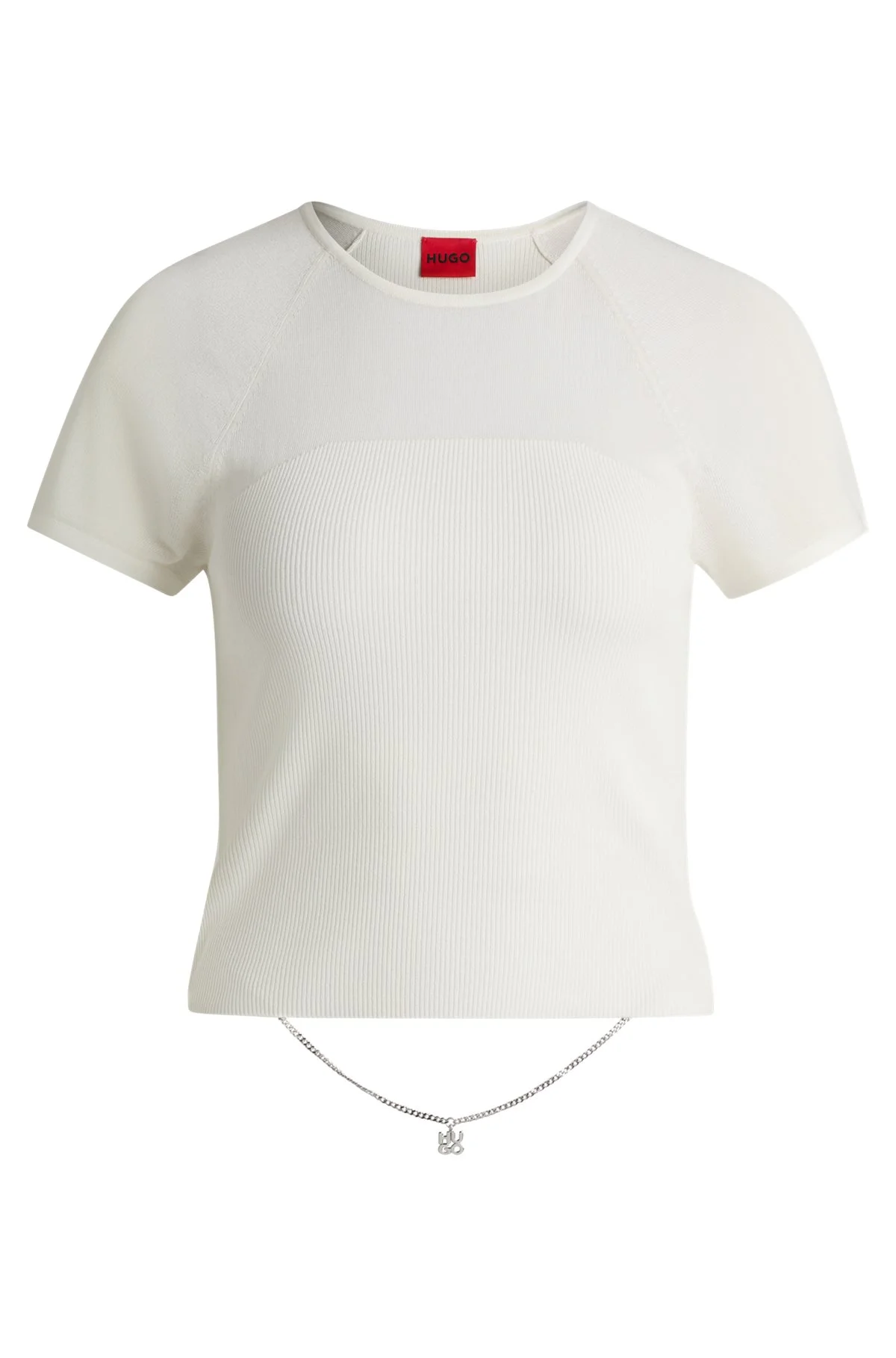 RIB-KNIT TOP WITH SHEER PANELS AND LOGO CHAIN - 1