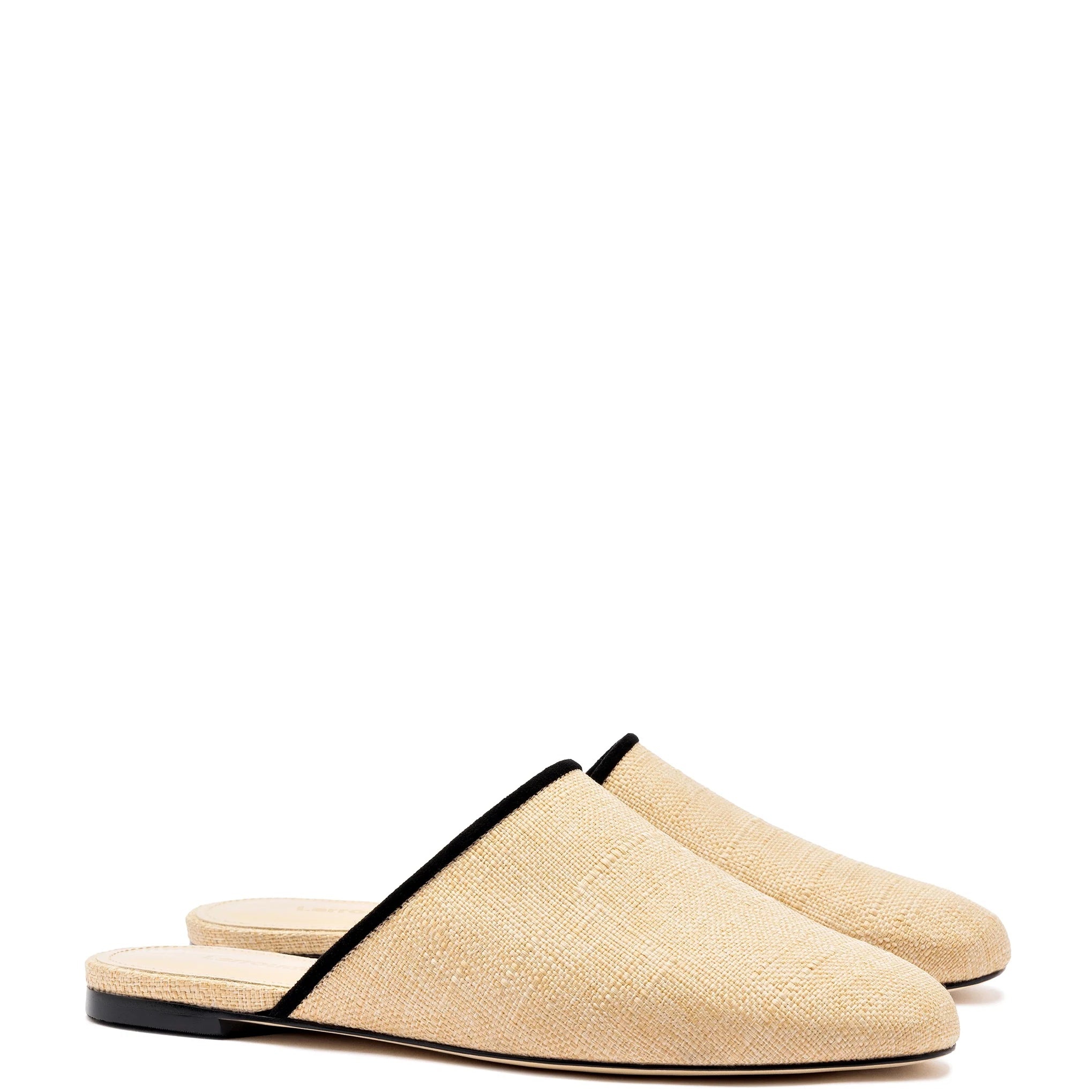 Larroude - Larroude Venice Flat Mule In Beige Raffia Black Trim - 2