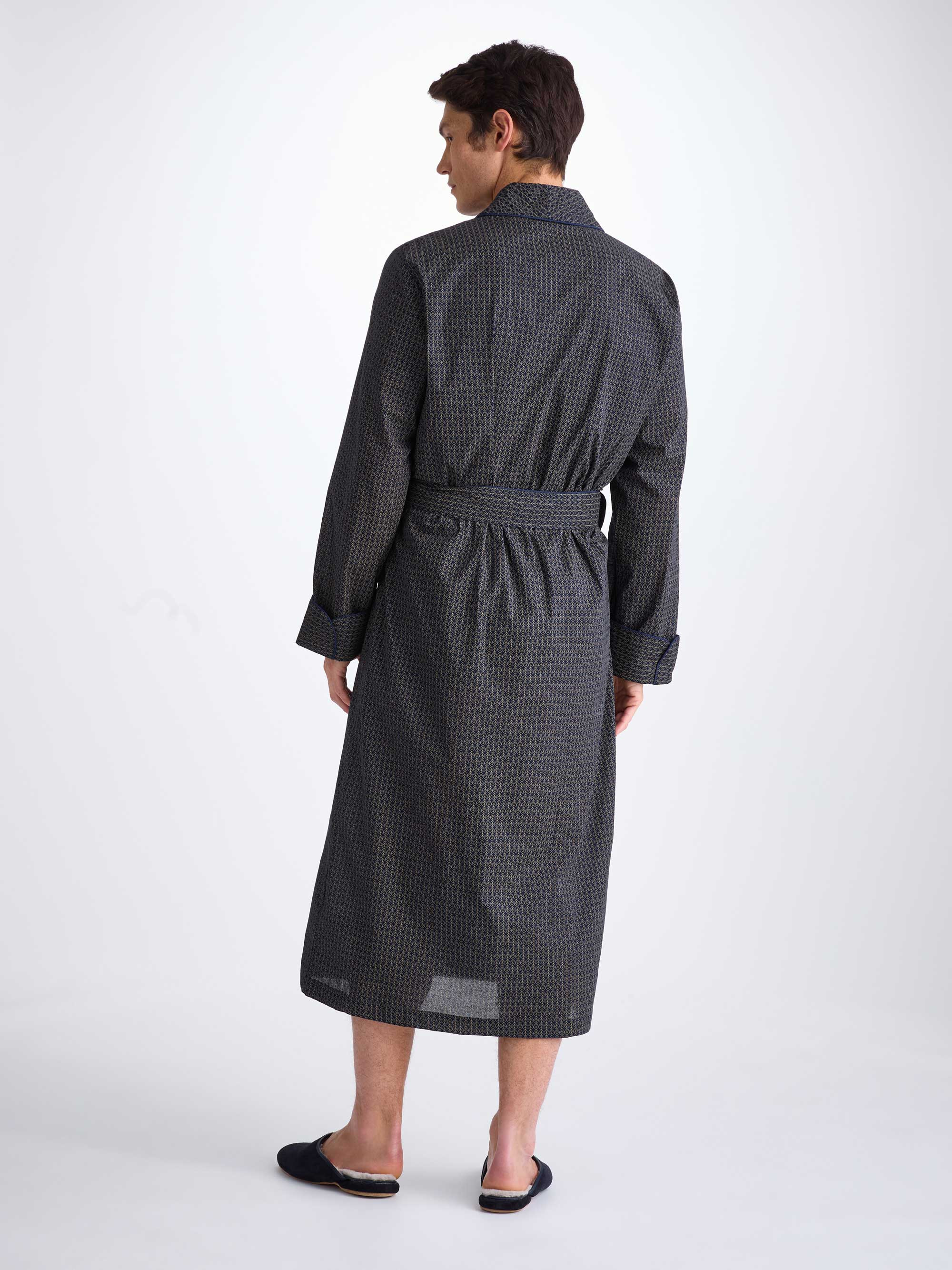 Men's Robe Cotton Batiste Navy Jungle Leaf Print - 4