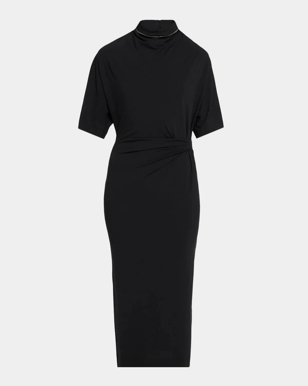 Mock-Neck Couture Wool Jersey Tucked Midi Dress - 1