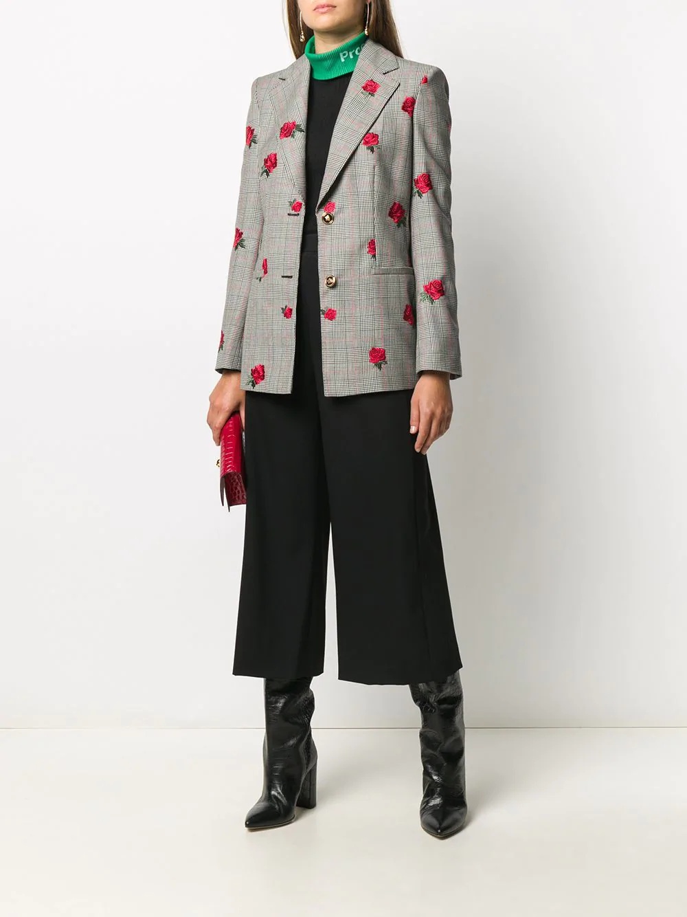 rose-embroidered check blazer - 2