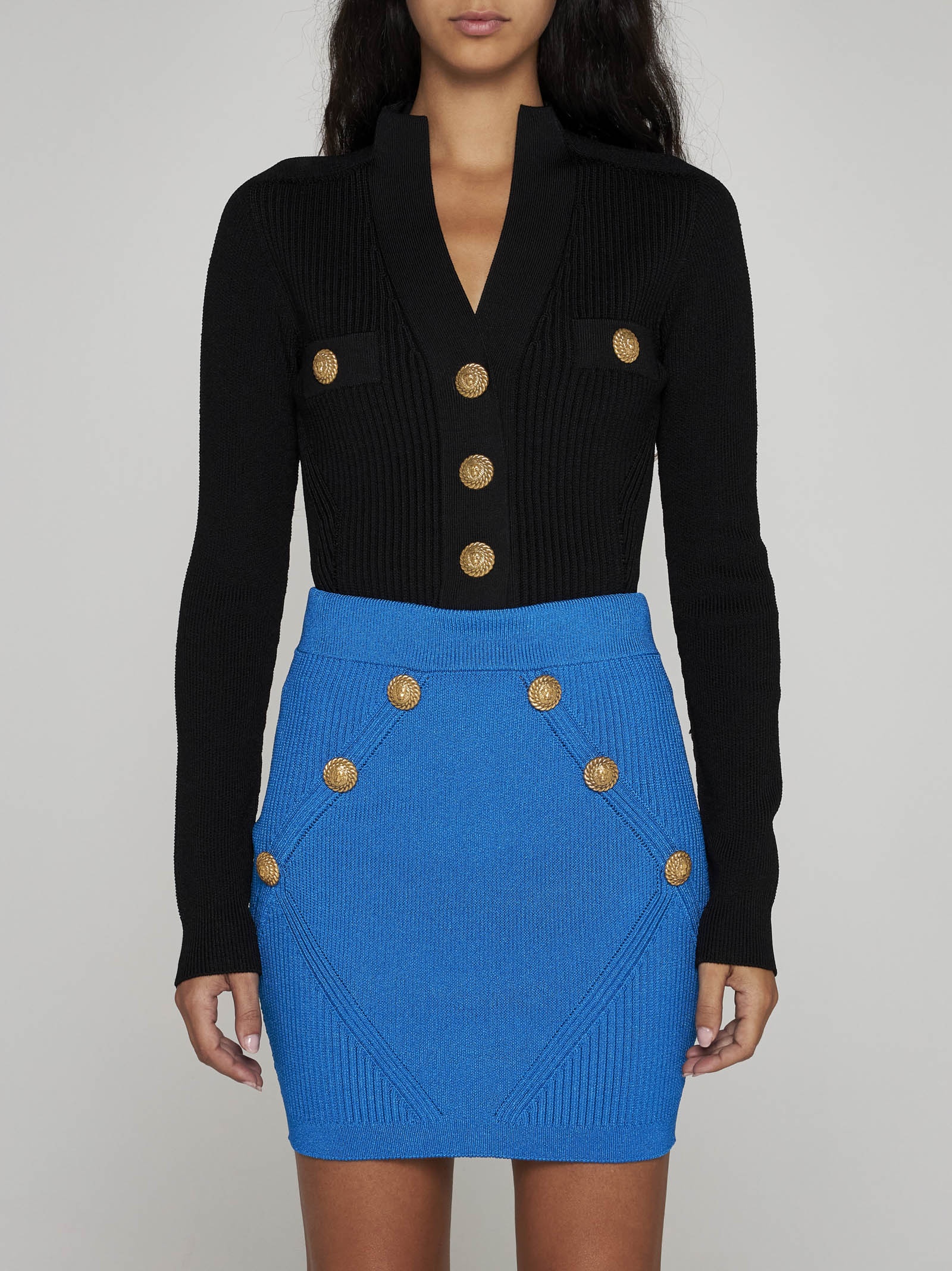 スカート BALMAIN SS24 HW 6 BTN KNIT SHORT SKIRT (CF1LB004KF530FA) Balmain BALMAIN HW 6 BTN KNIT SHORT SKIRT | baltini | REVERSIBLE