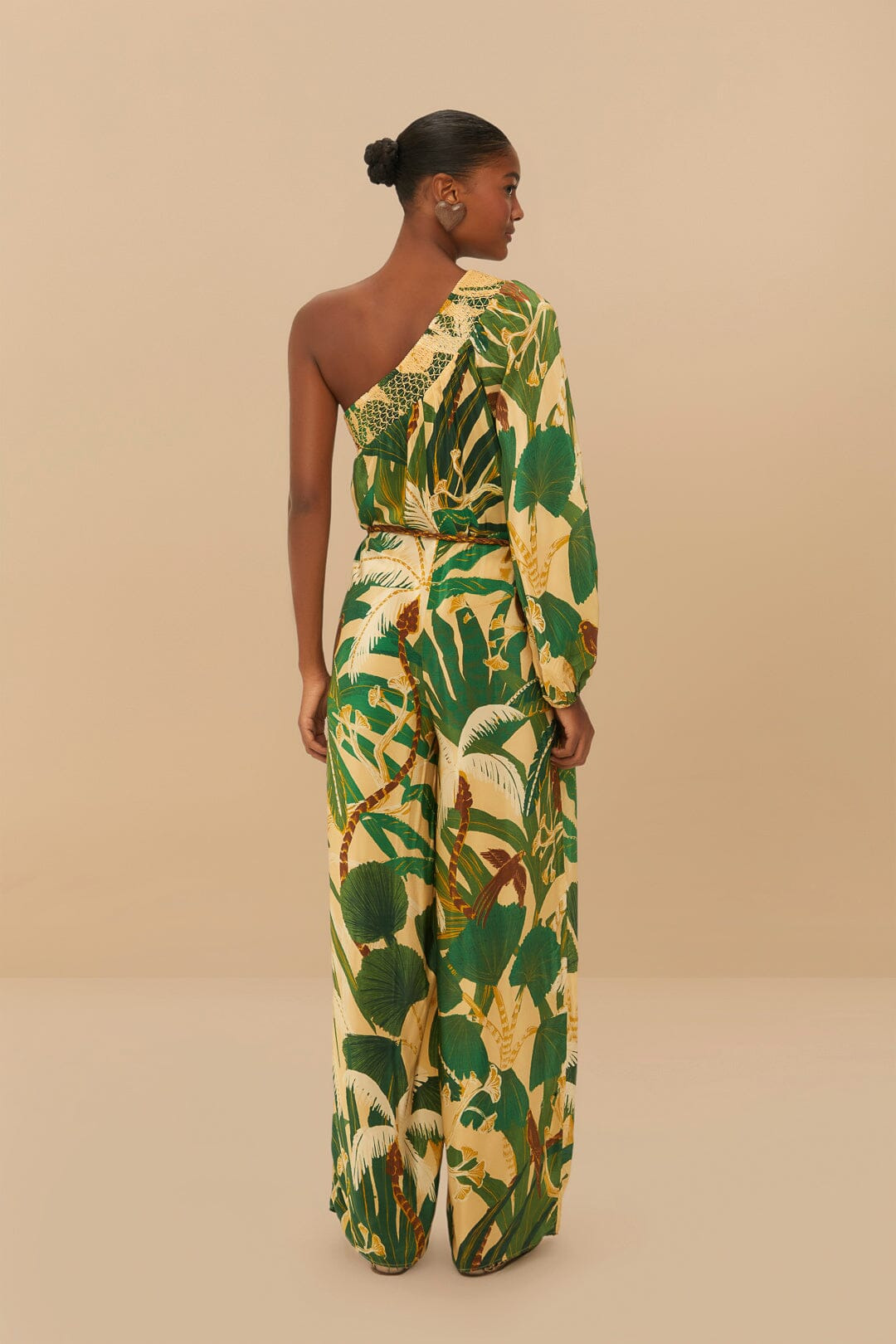 Beige Tropical Isla One-Shoulder Jumpsuit - 4