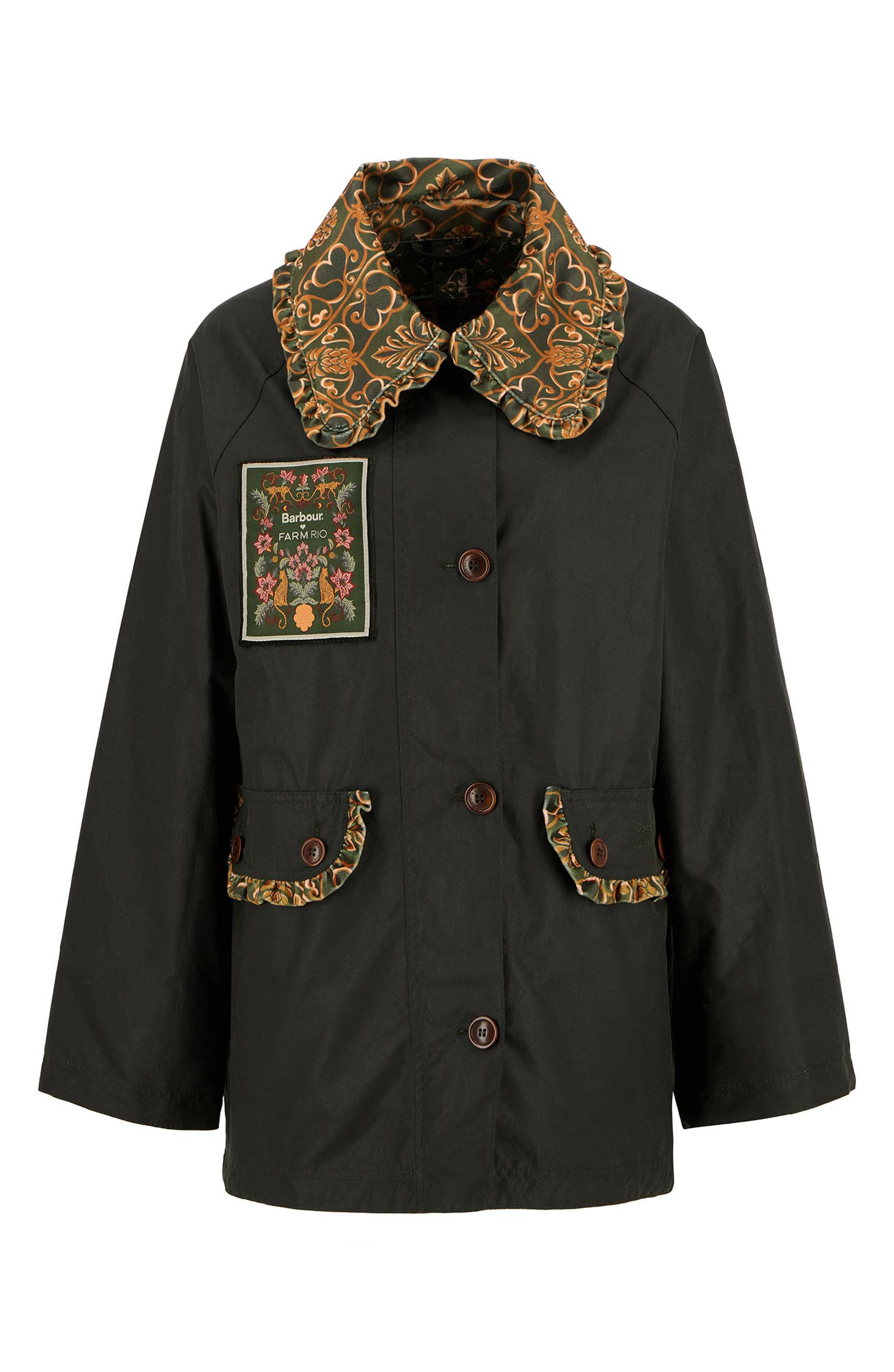 Barbour x FARM Rio Maria-Clara Waxed Jacket in Fern/Green Heart Print at Nordstrom - 4