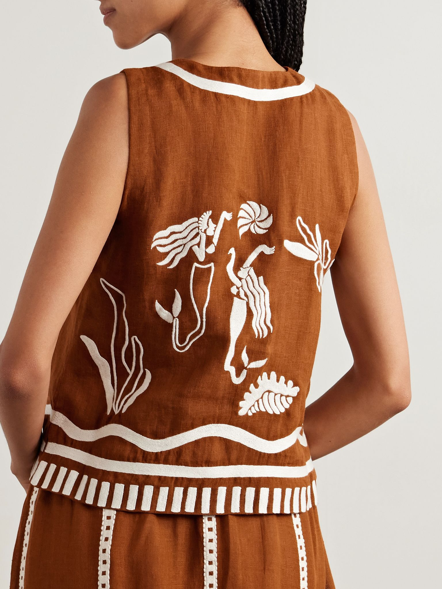 Mermaid Oursin embroidered linen vest Brown - 3