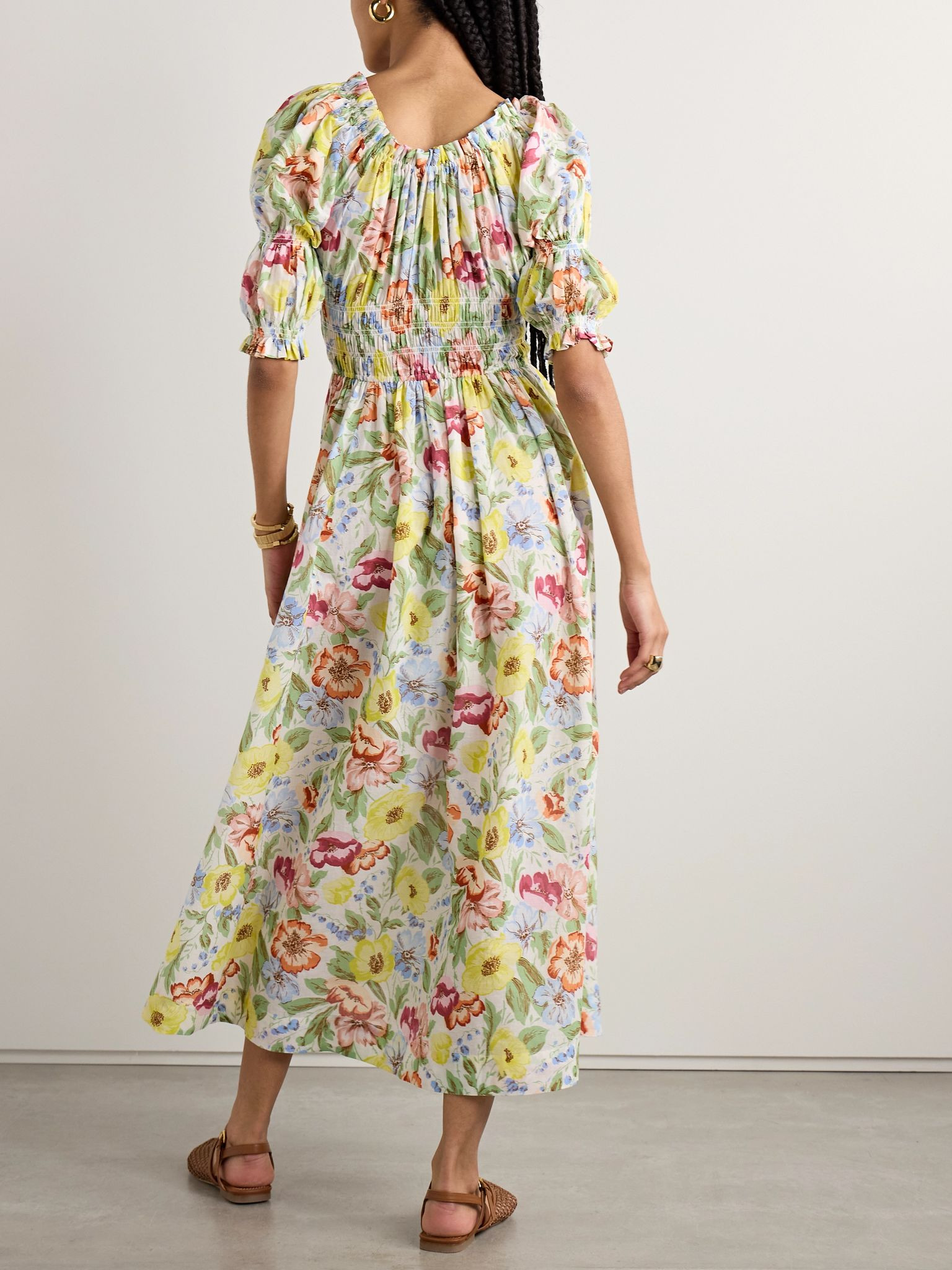 Ischia shirred floral-print cotton-voile midi dress Yellow - 3