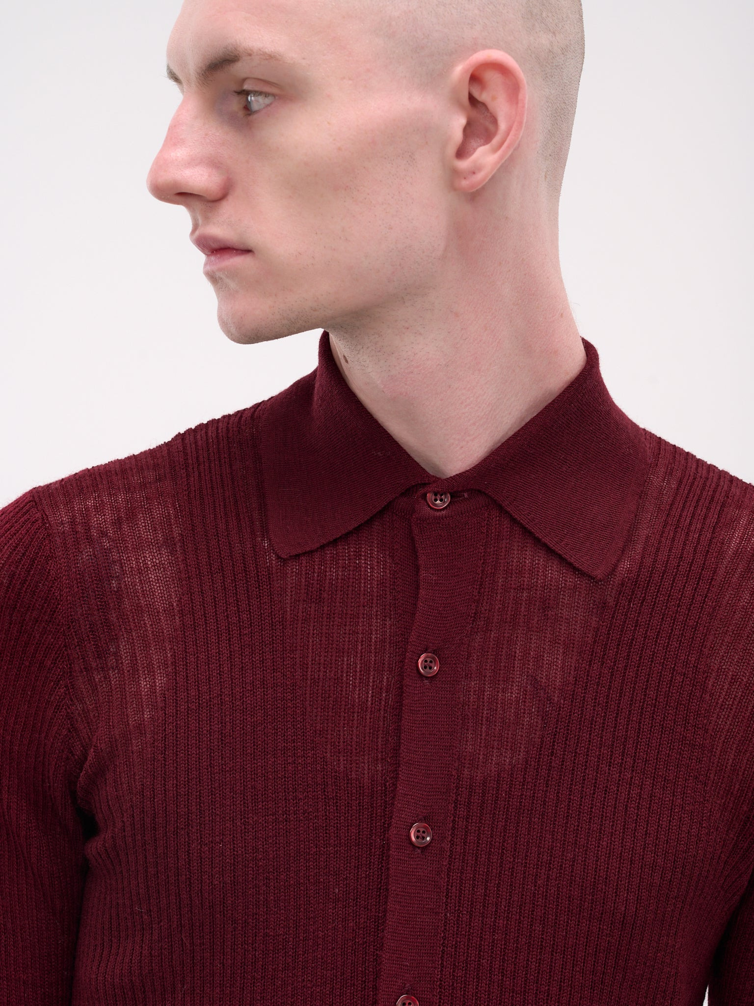 Red Rib-Knit Button-Up Shirt - 5