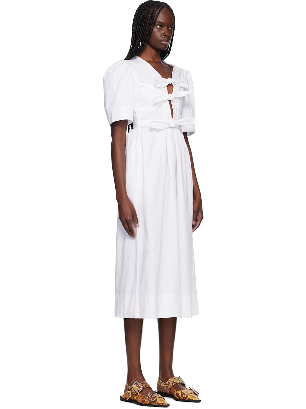 White Stretch Cotton Tie Strap Midi Dress - 2