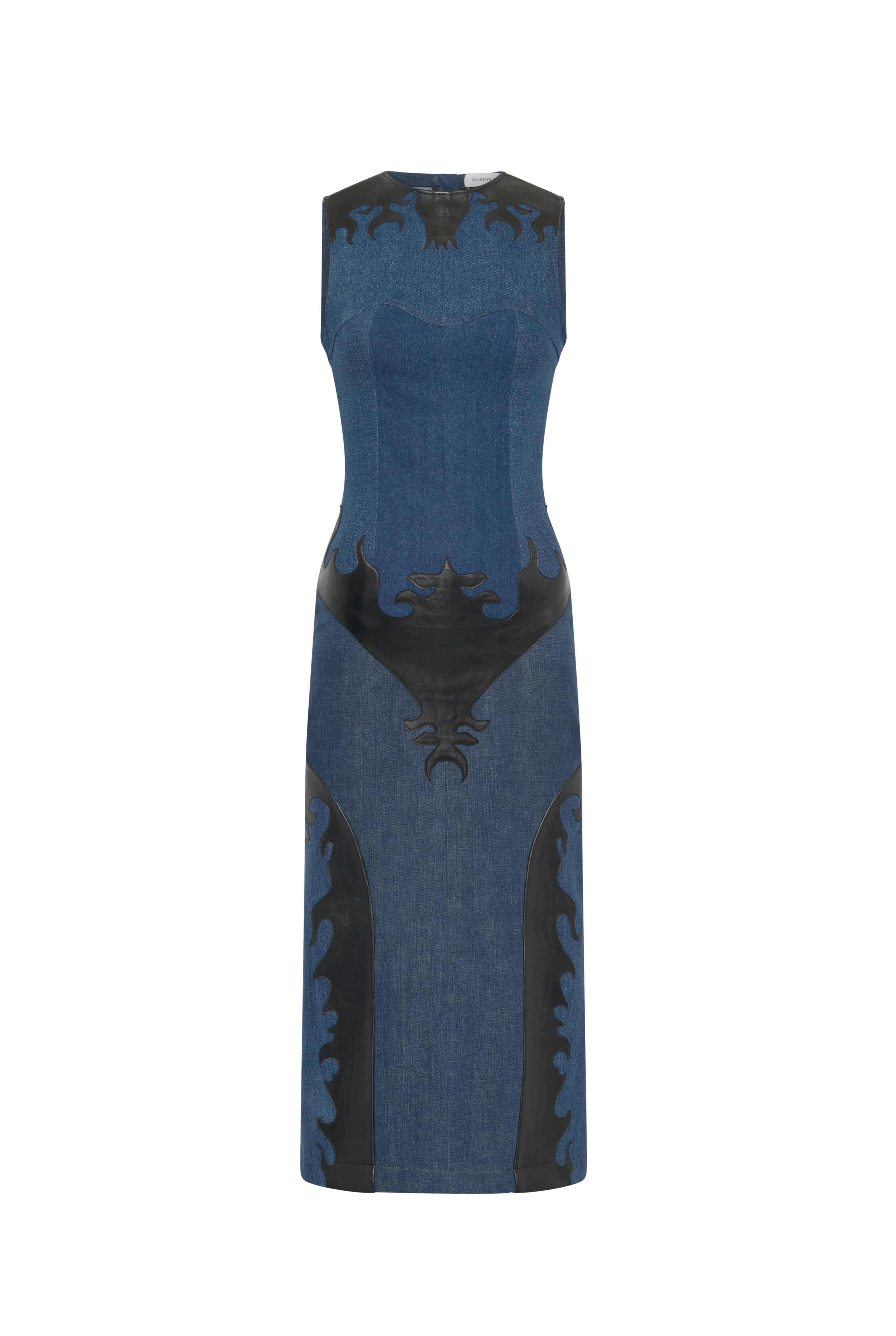 Upcycled denim long dress with leather patches - 1