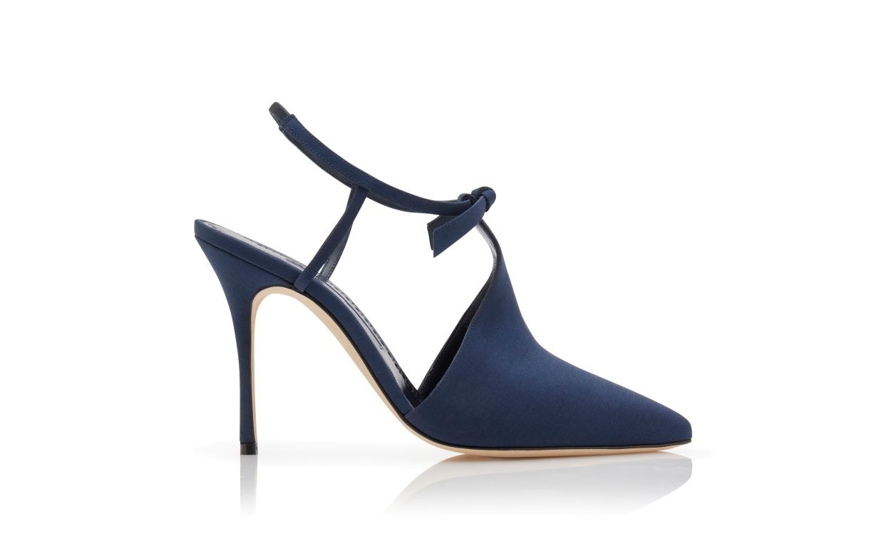 Navy Blue Crepe De Chine Ankle Strap Mules - 1