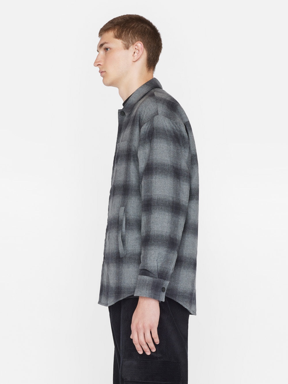 Padded Plaid Overshirt in Black/Grey Plaid - 6