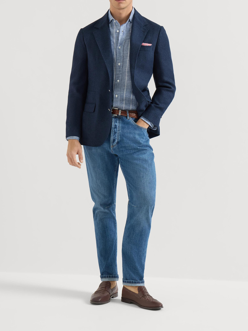 Men's Linen Denim Effect Twill Easy Fit Shirt with Spread Collar - Denim 6