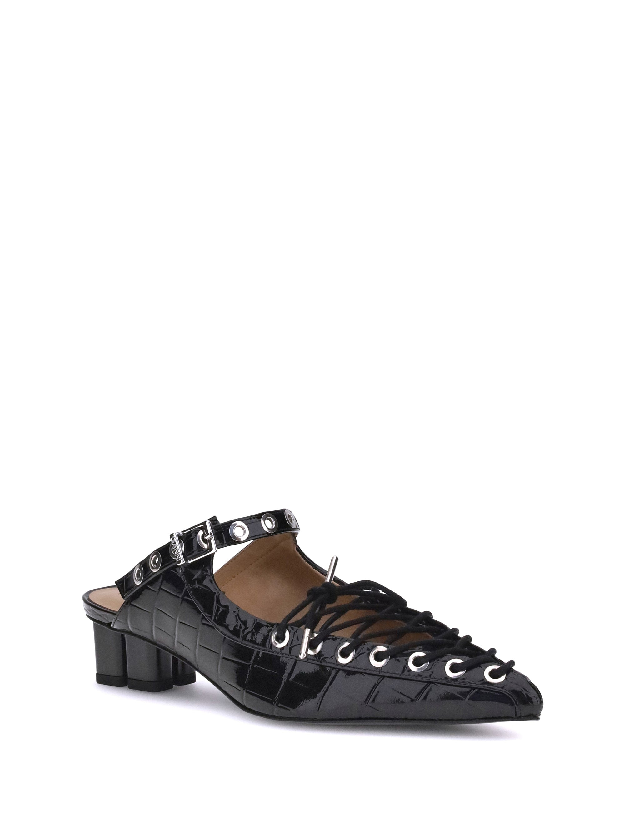 Ganni Women Eyelets Lace Up Mule Shiny Croco - 2