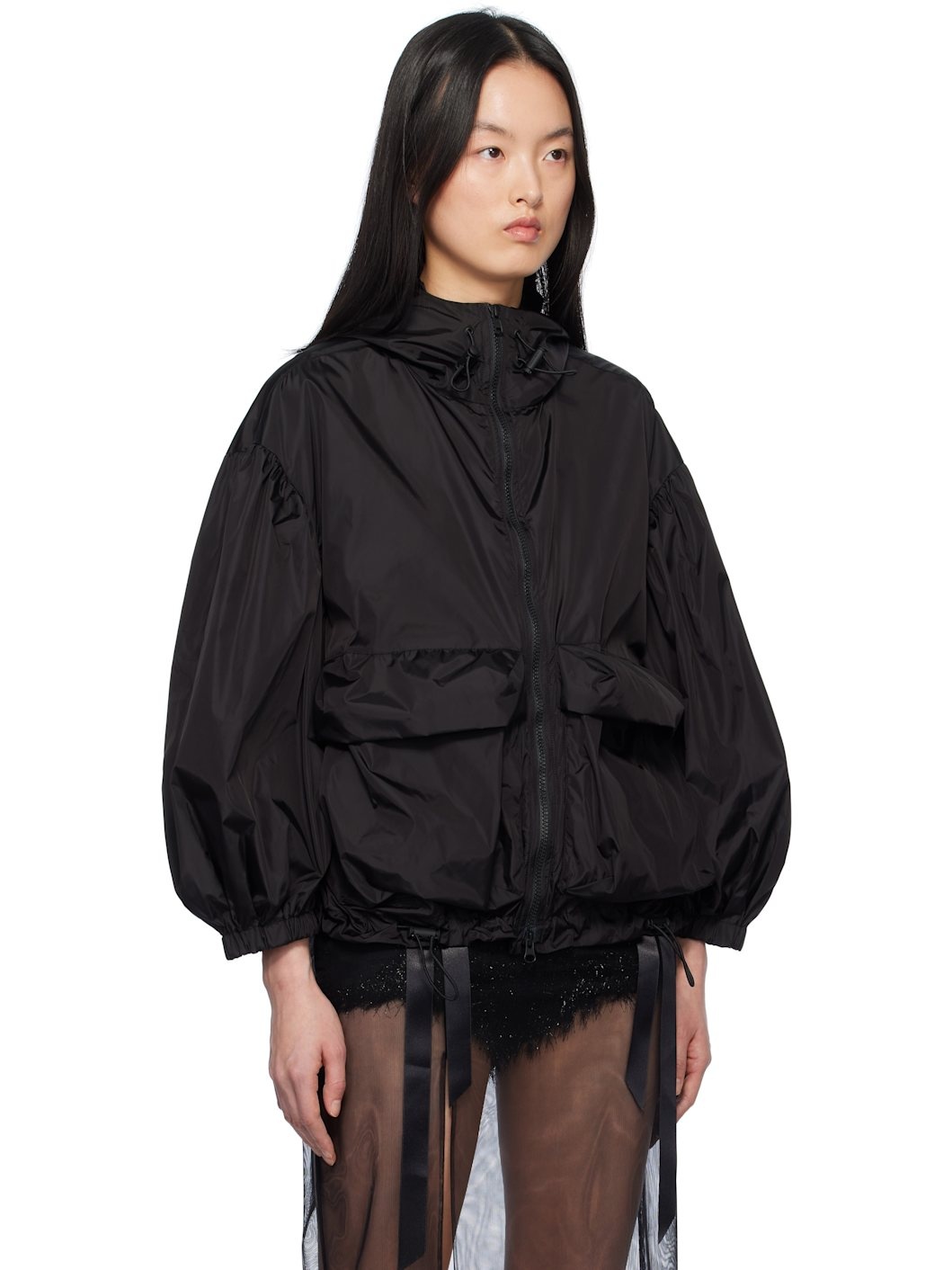 Black Cargo Flap Pocket Puff Sleeve Drawstring Jacket - 2