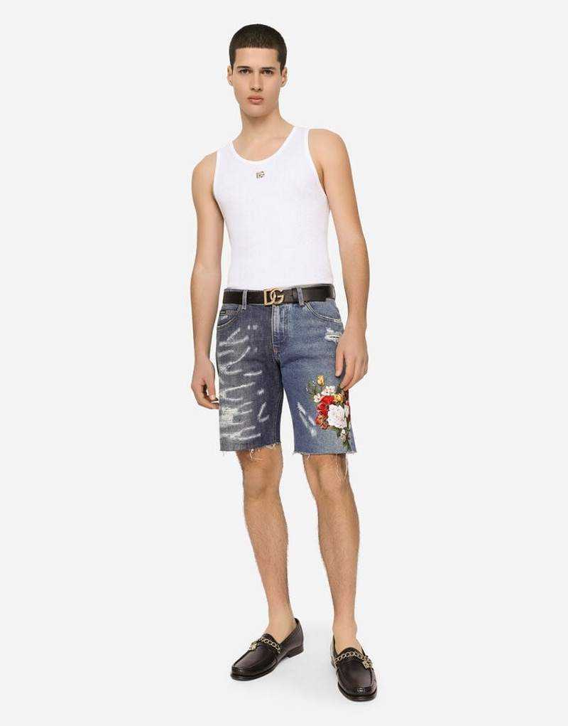 Dolce & Gabbana Blue denim shorts with rips and embroidery outlook