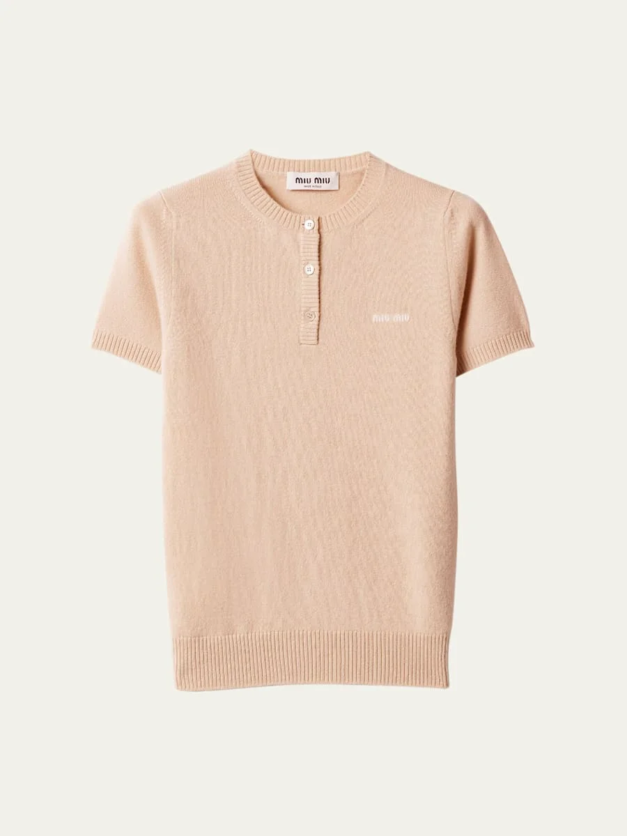 Short-Sleeve Cashmere Henley Sweater - 1