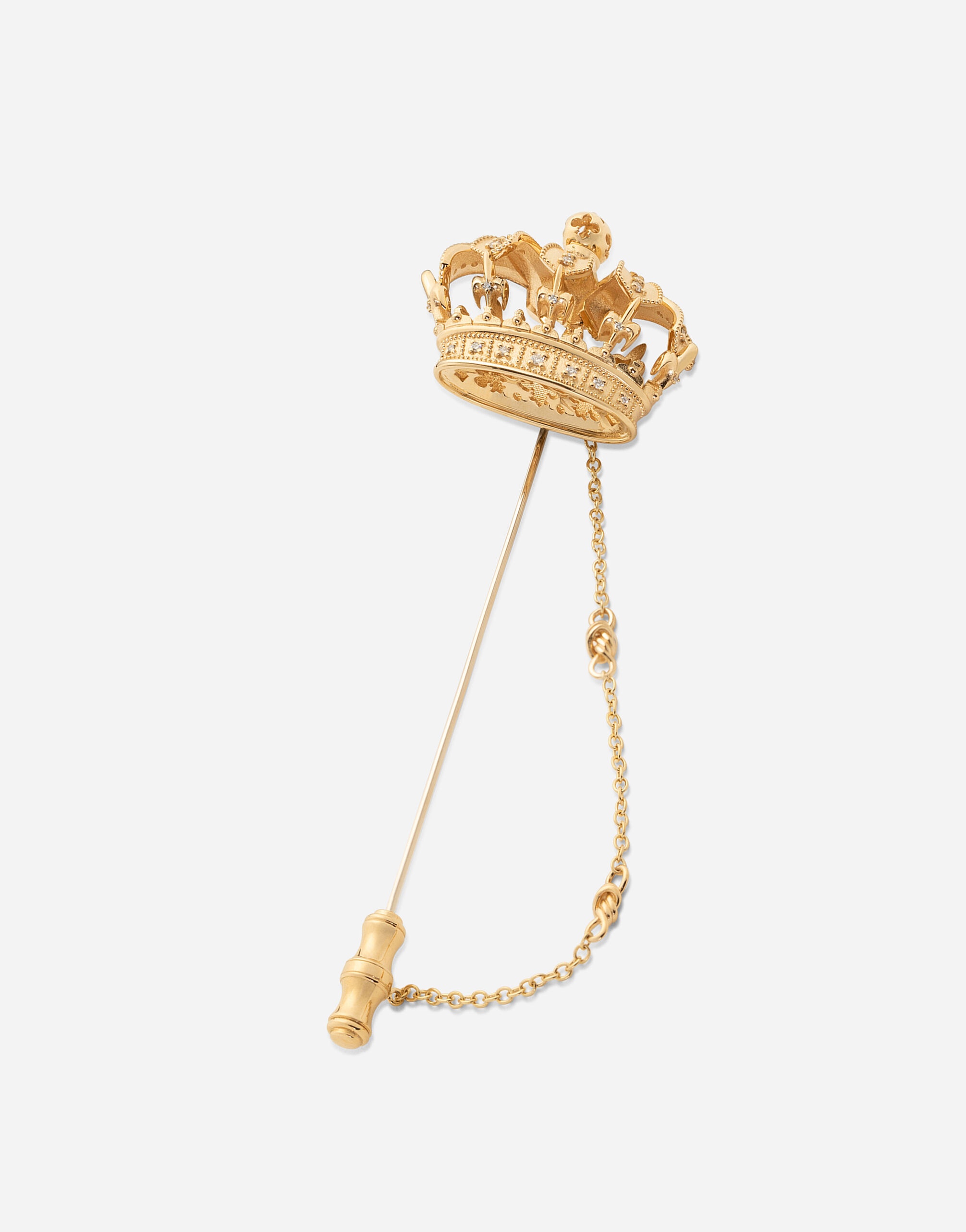 Crown stick pin brooch in yellow and white gold with curly gold thread embellishments and sphere - 3