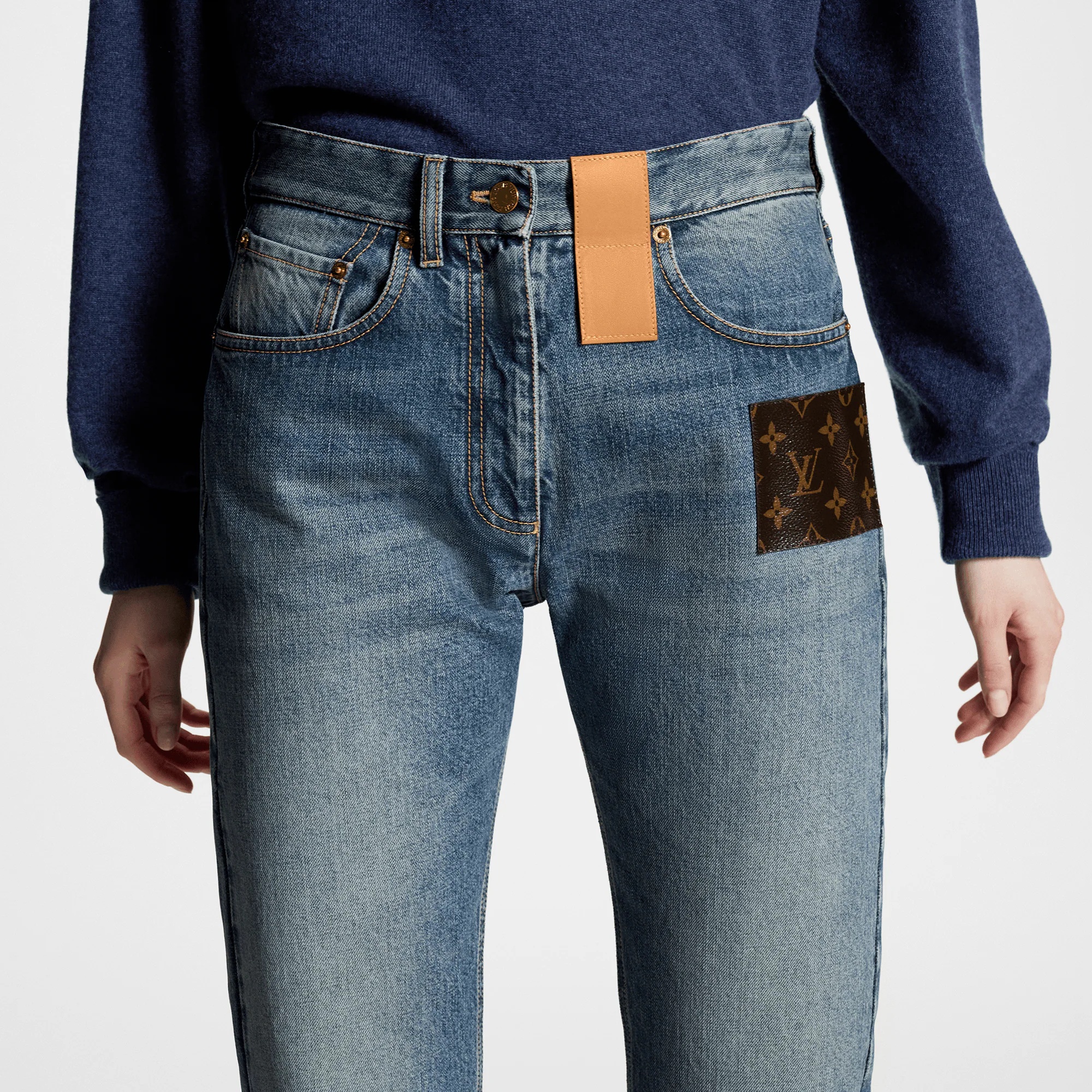Frayed Hem Stonewashed Monogram Patch Jeans - 2