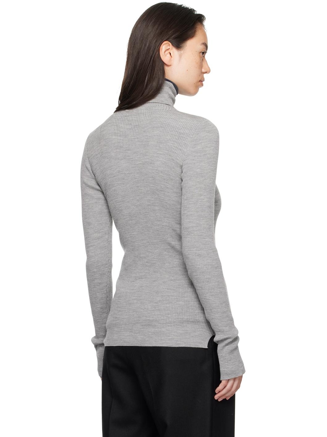 Gray Super Fine Wool High Gauge Rib Knit Turtleneck - 3