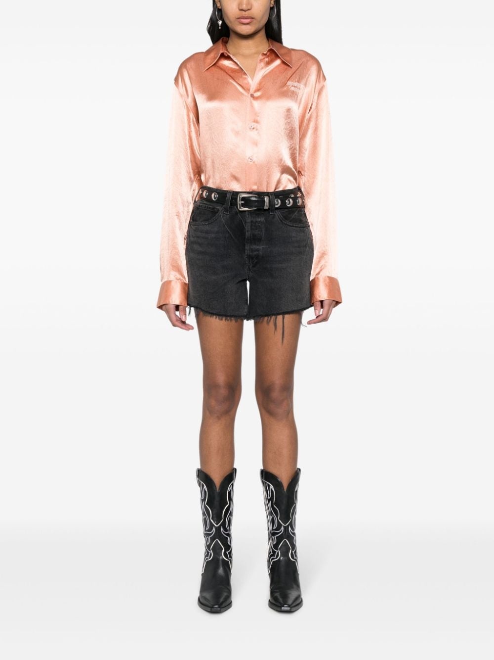 logo-embroidered satin shirt - 3
