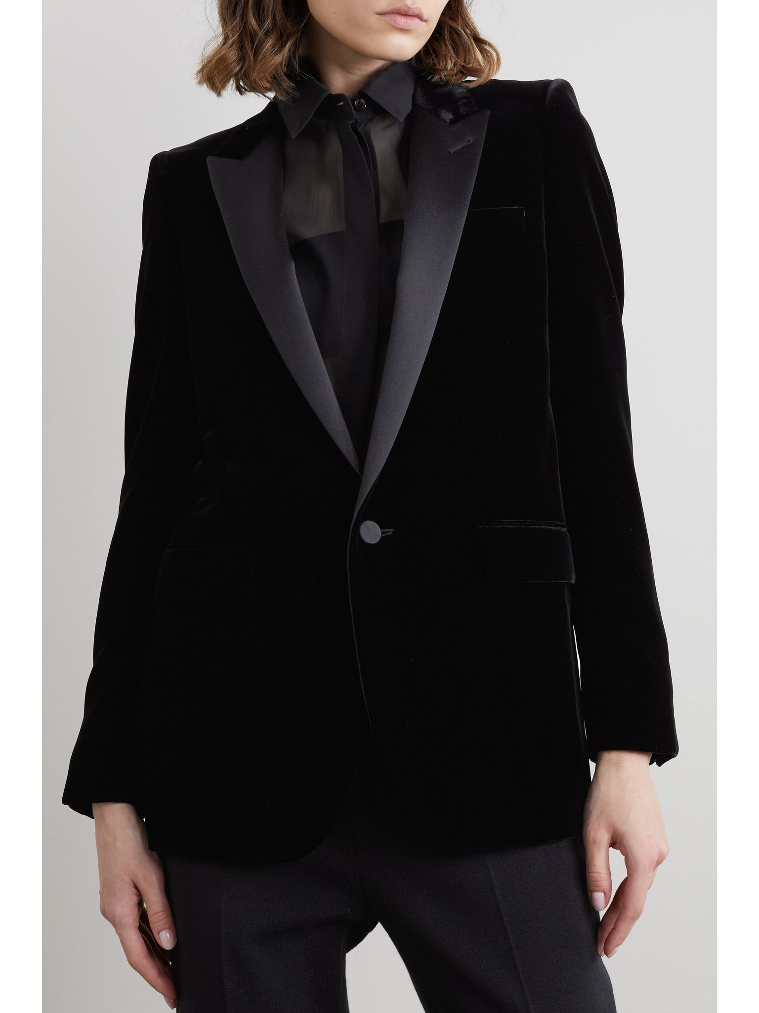 Satin-trimmed velvet blazer Black - 3