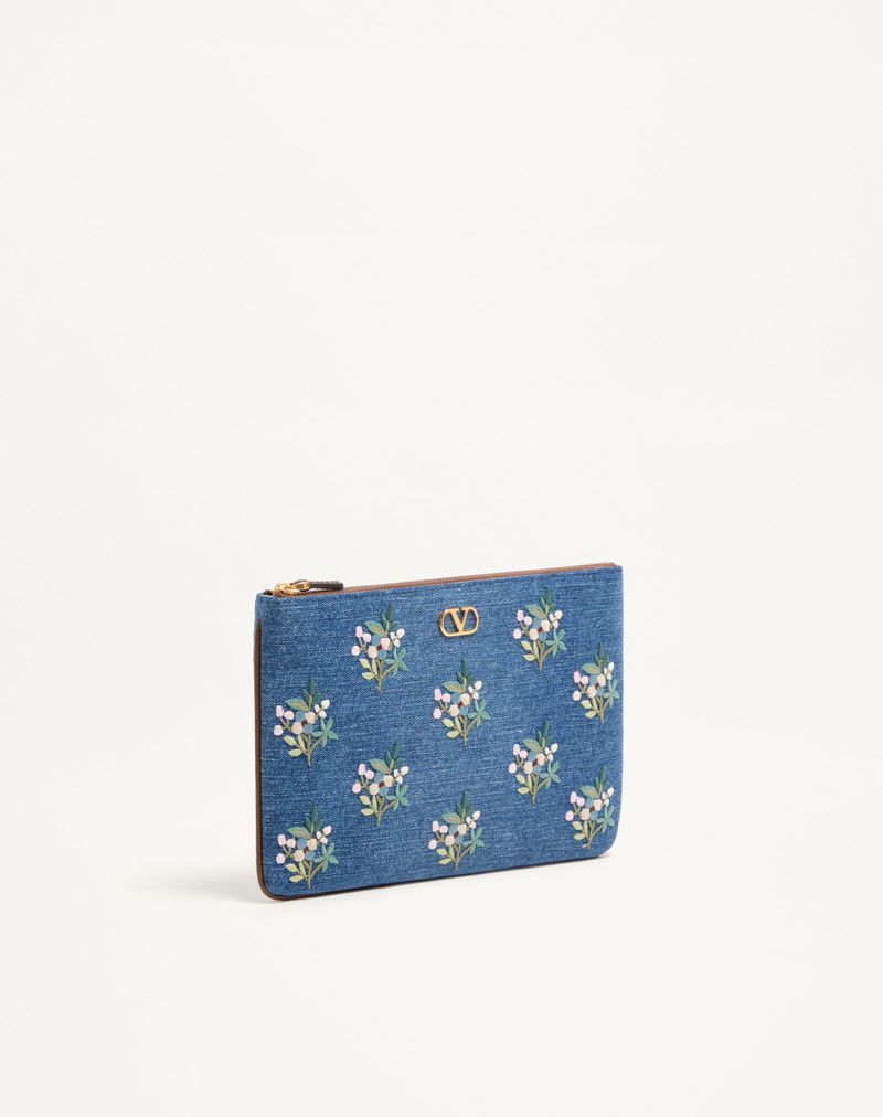 Valentino VALENTINO GARAVANI VLOGO SIGNATURE CLUTCH BAG IN DENIM WITH FLORAL EMBROIDERY outlook