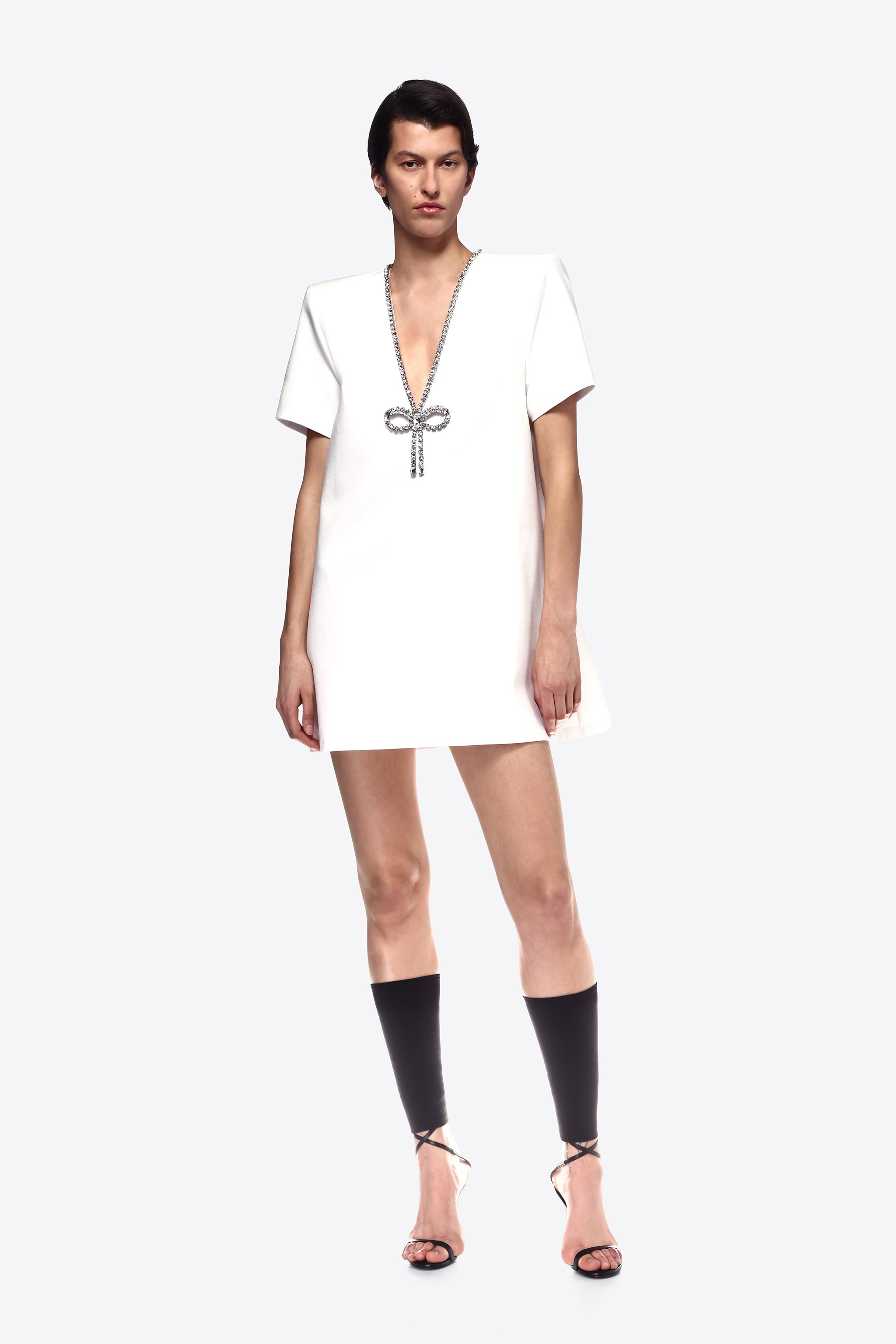 CRYSTAL BOW V-NECK T-SHIRT DRESS - 3