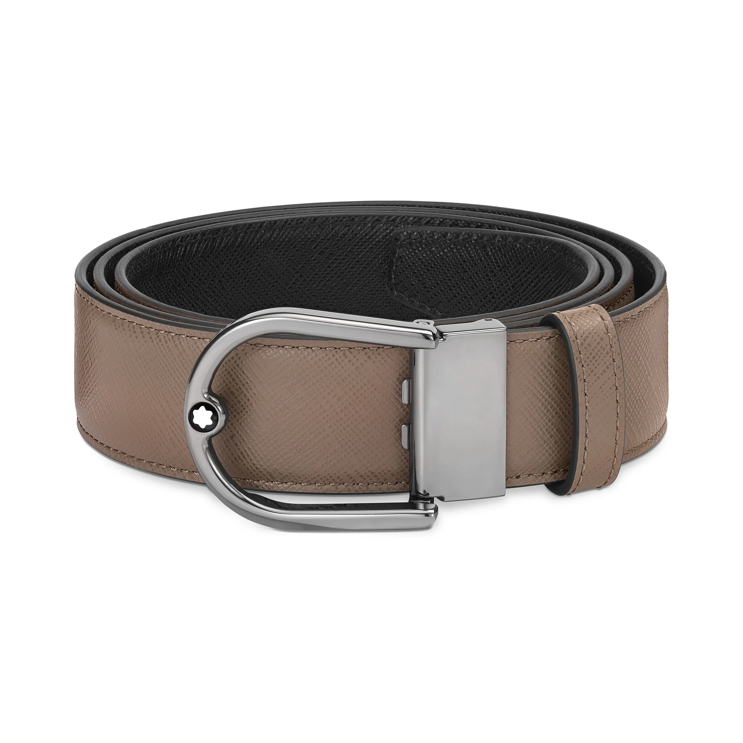 Horseshoe buckle Saffiano printed mastic/black 35mm reversible leather belt - 1