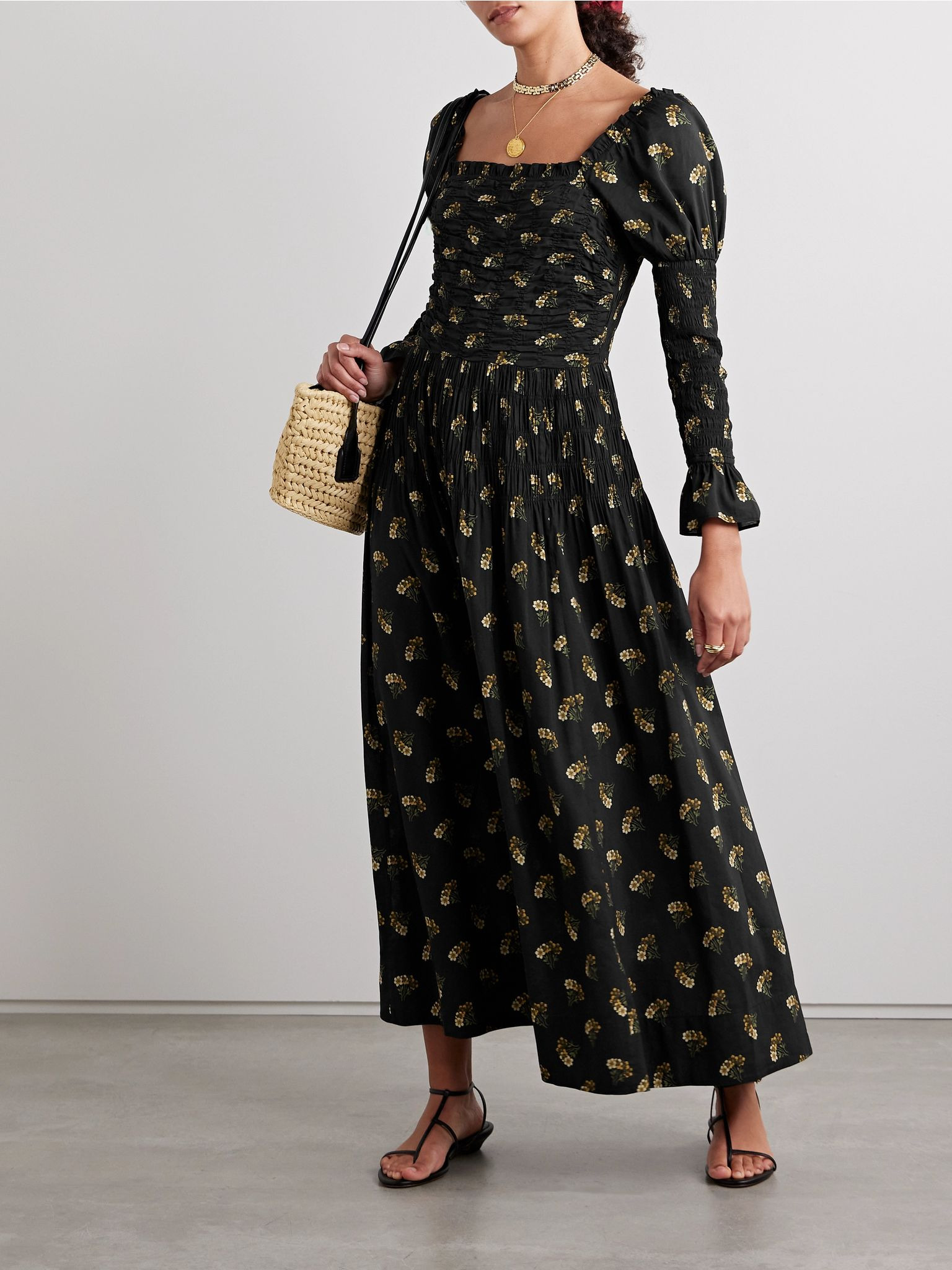 Wilmina shirred floral-print cotton-blend maxi dress Black - 2