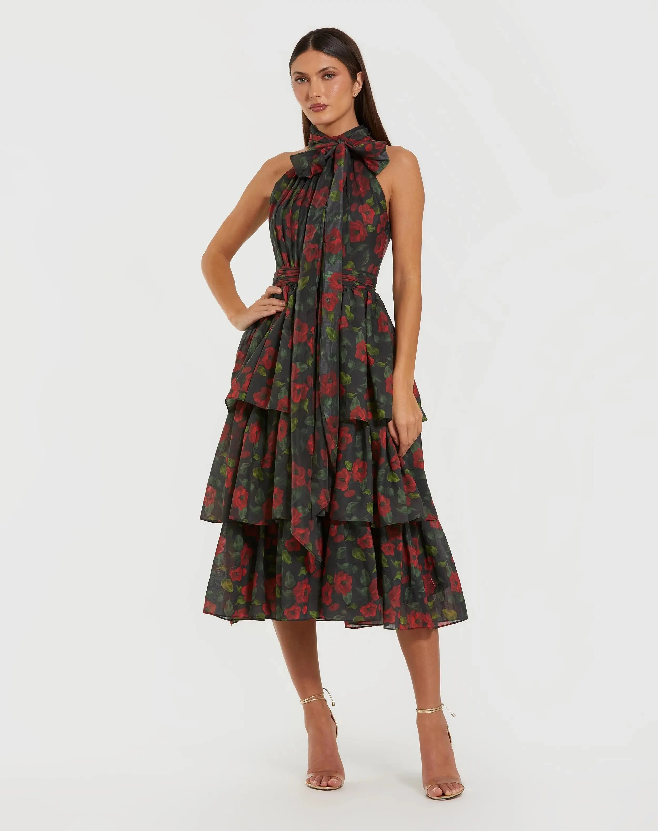 Black Floral Chiffon Tiered Midi Dress with Neck Bow - 1