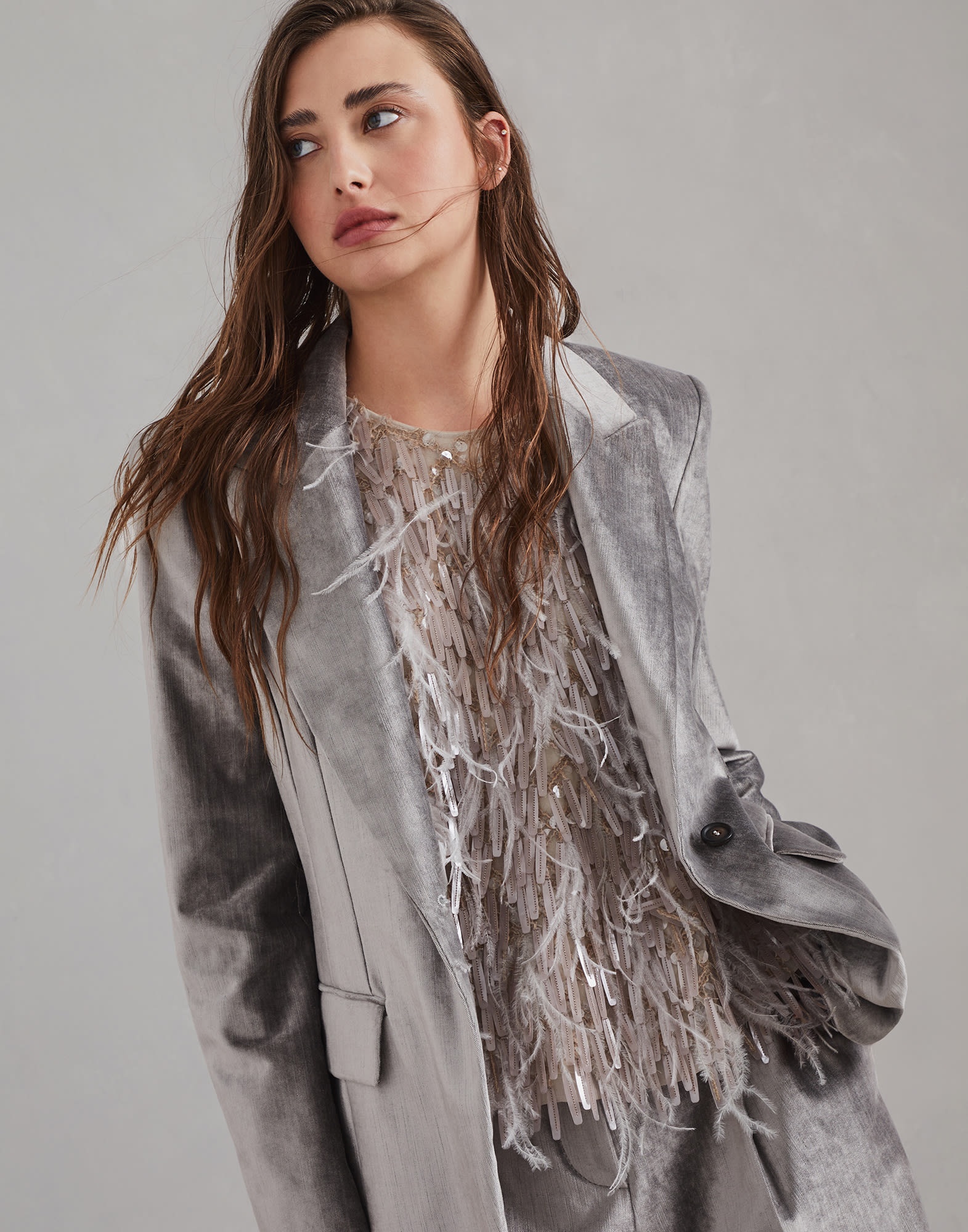 Cotton and viscose sleek velvet blazer with monili - 4