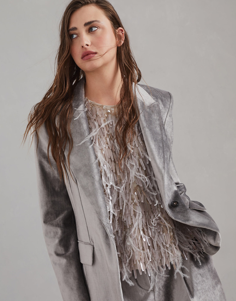 Cotton and viscose sleek velvet blazer with monili 4