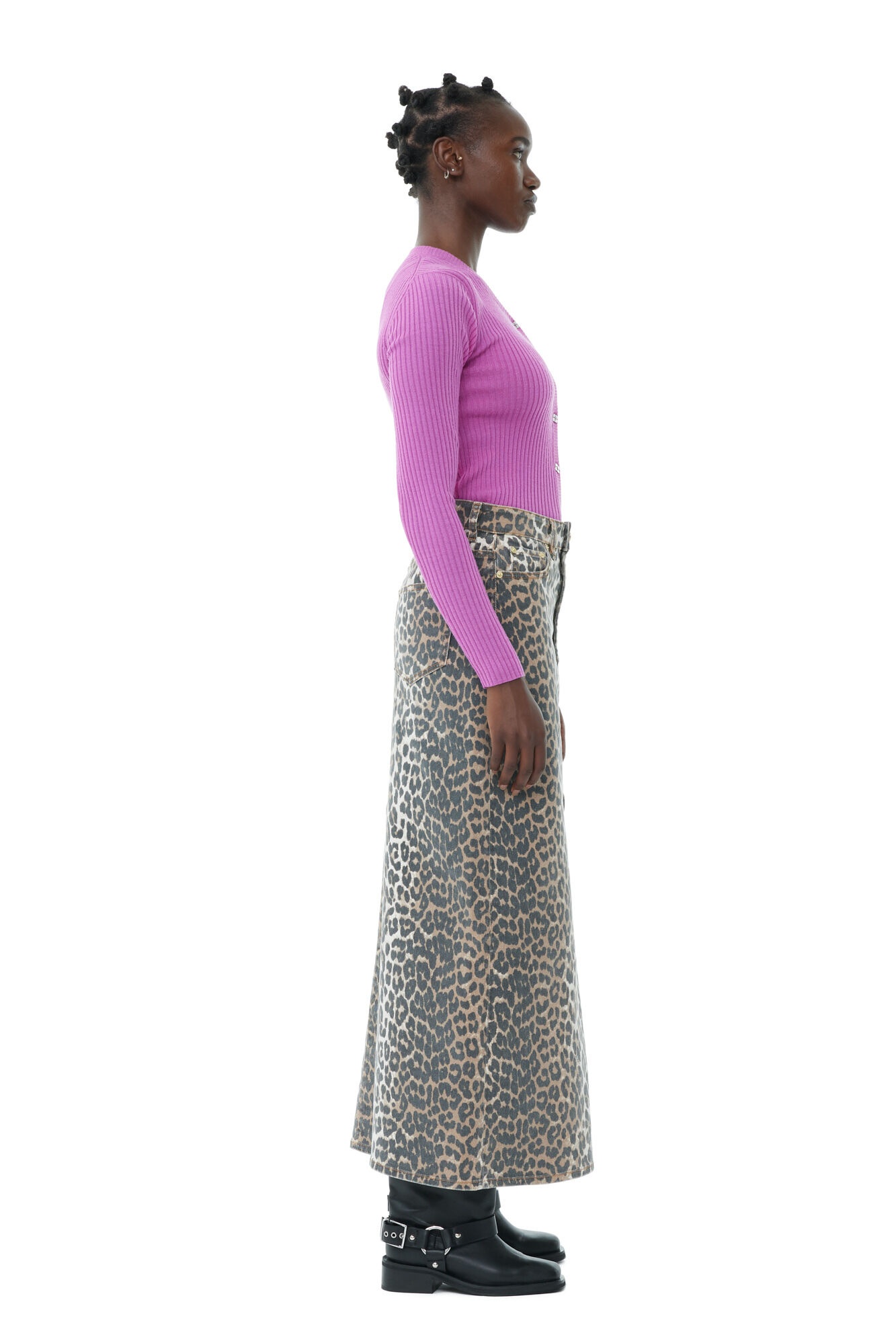 LEOPARD DENIM MAXI SLIT SKIRT - 5