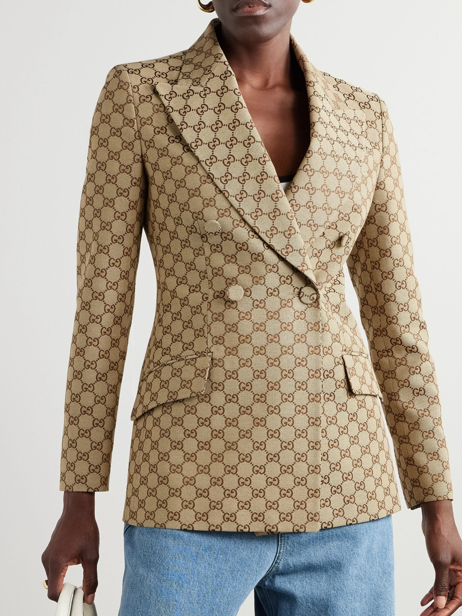 Double-breasted cotton-blend canvas-jacquard blazer Beige - 3