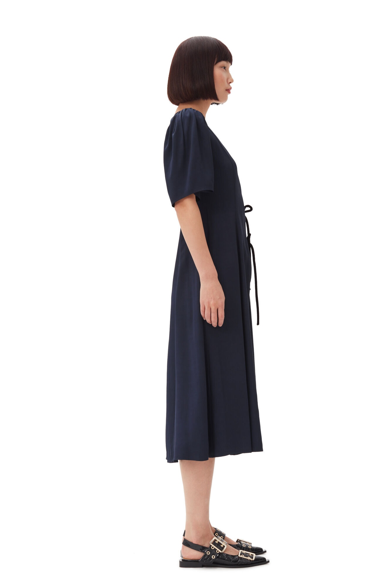 NAVY BLUE VISCOSE TWILL WRAP MIDI DRESS - 5