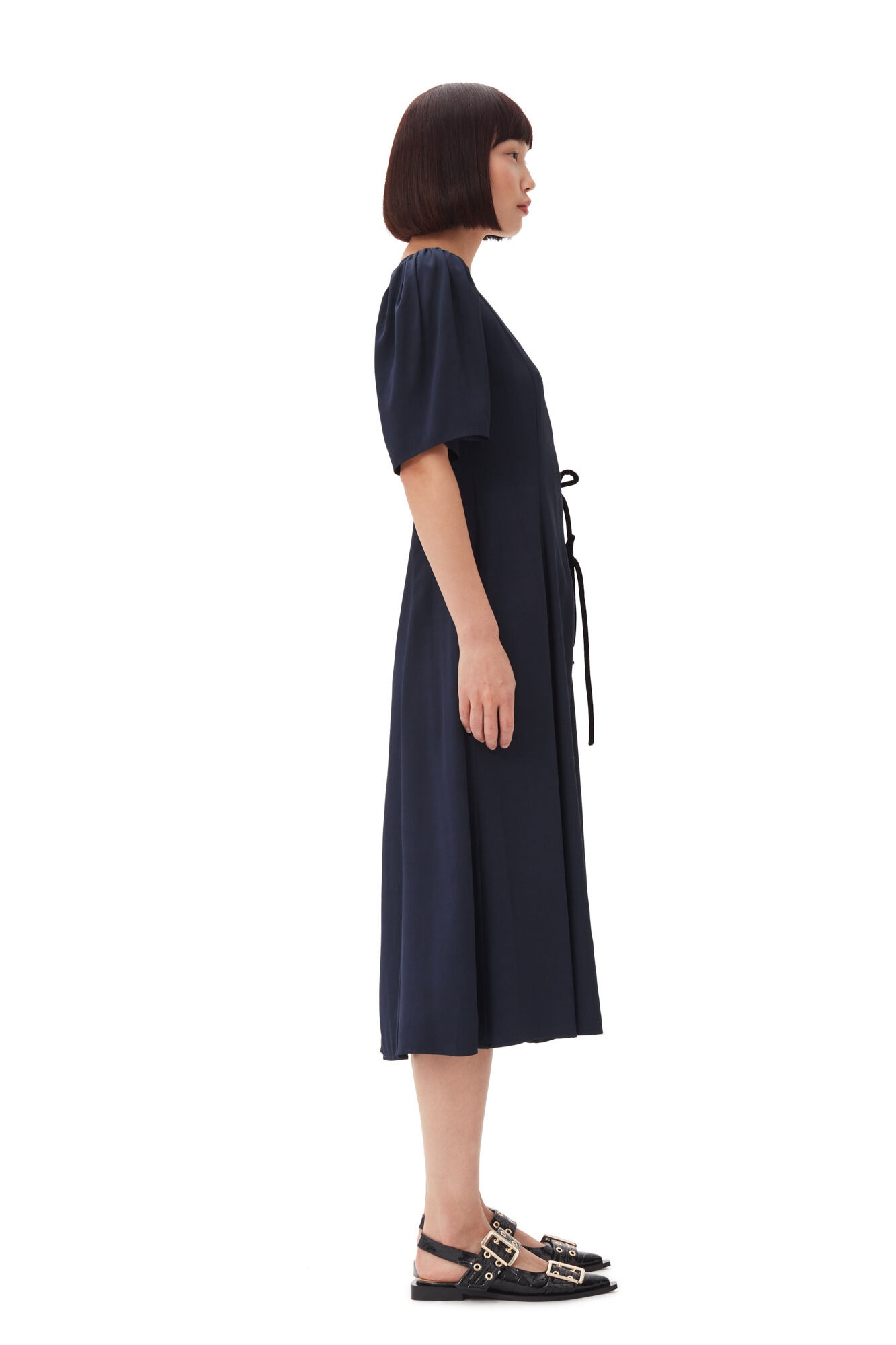 NAVY BLUE VISCOSE TWILL WRAP MIDI DRESS - 4