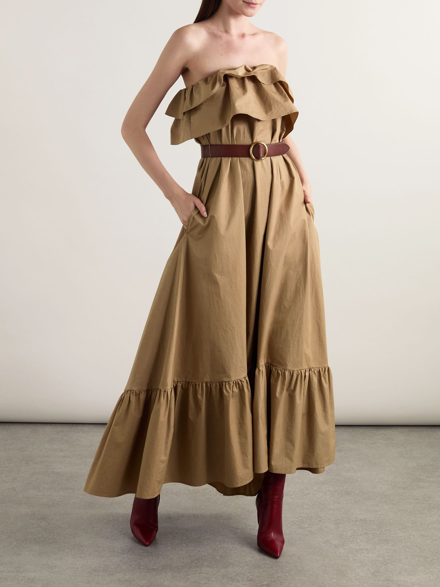 Strapless ruffled cotton-gabardine maxi dress Beige - 2
