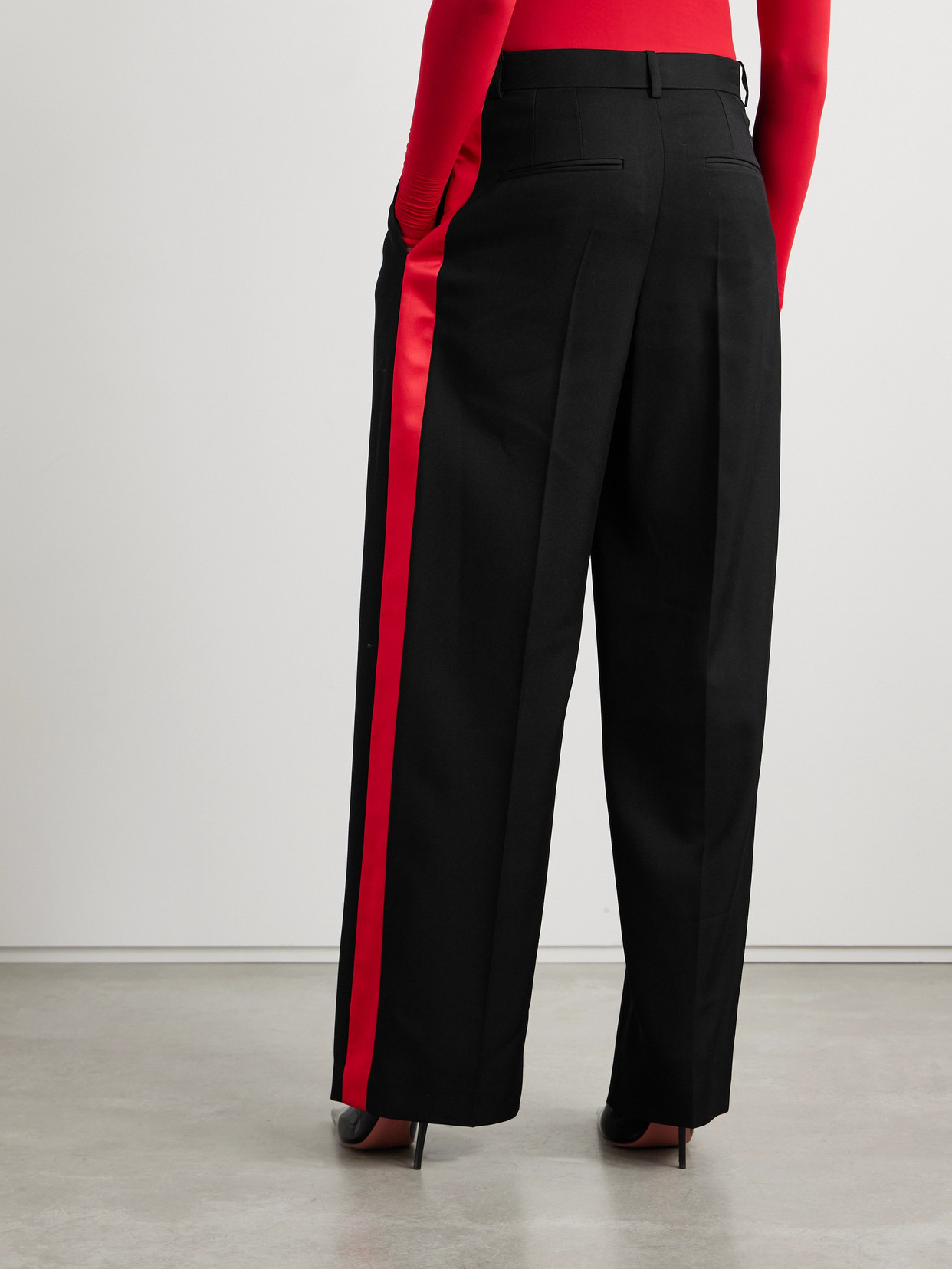 Pleated Silk-satin Trimmed Wool-piqué Wide-leg Pants - 3