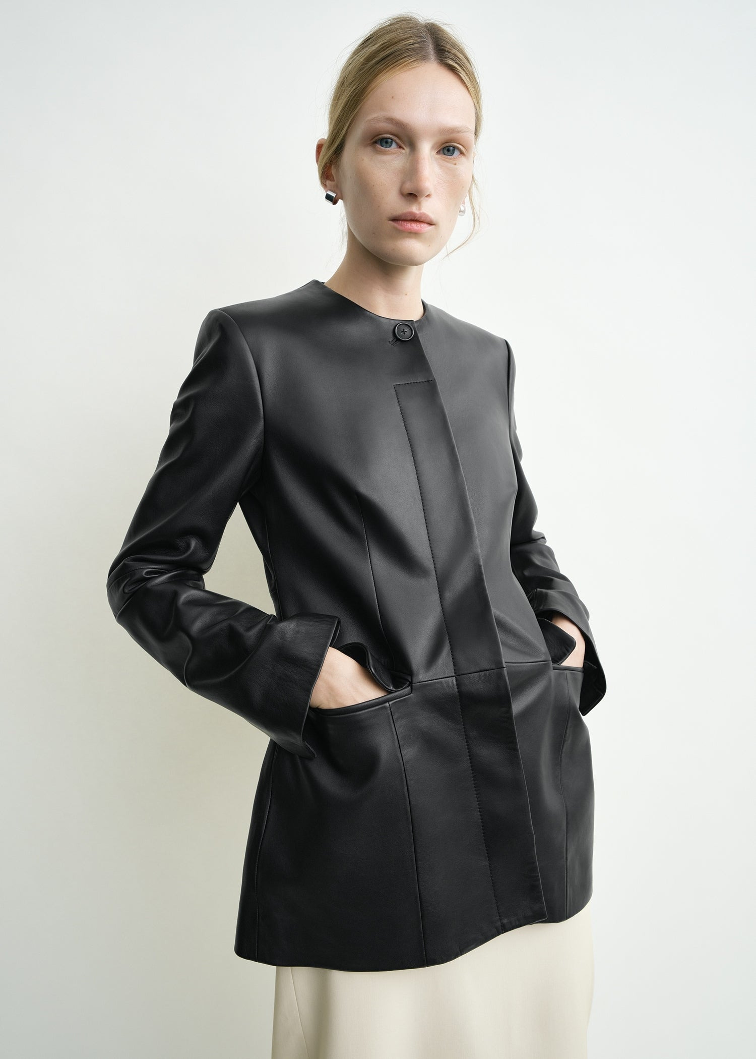 Collarless leather jacket black - 5