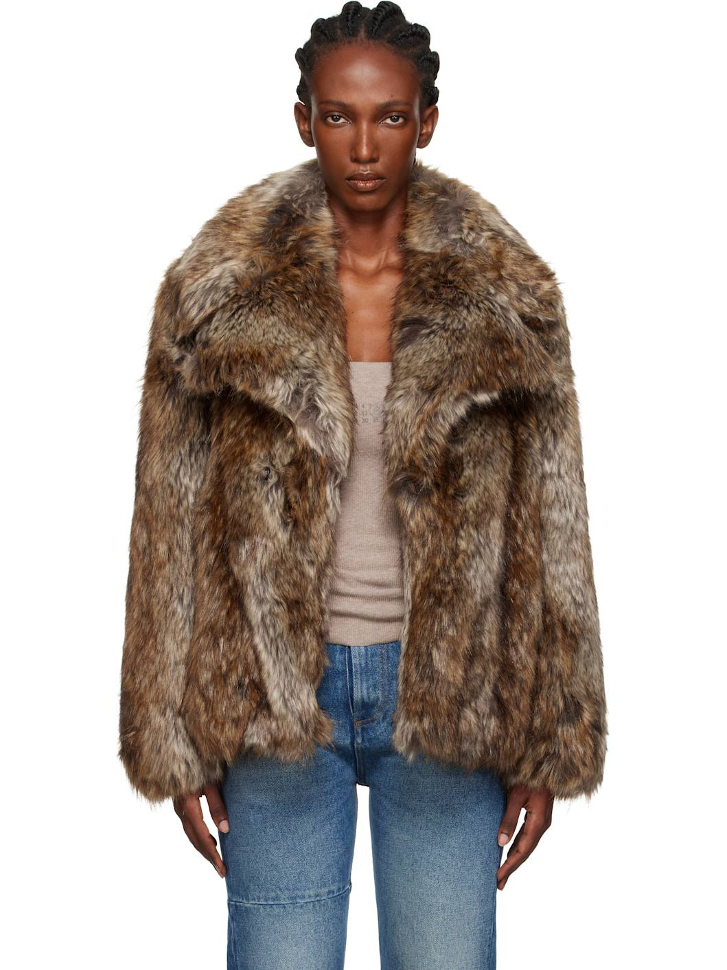 Brown & Beige Hook-Eye Faux-Fur Jacket - 1