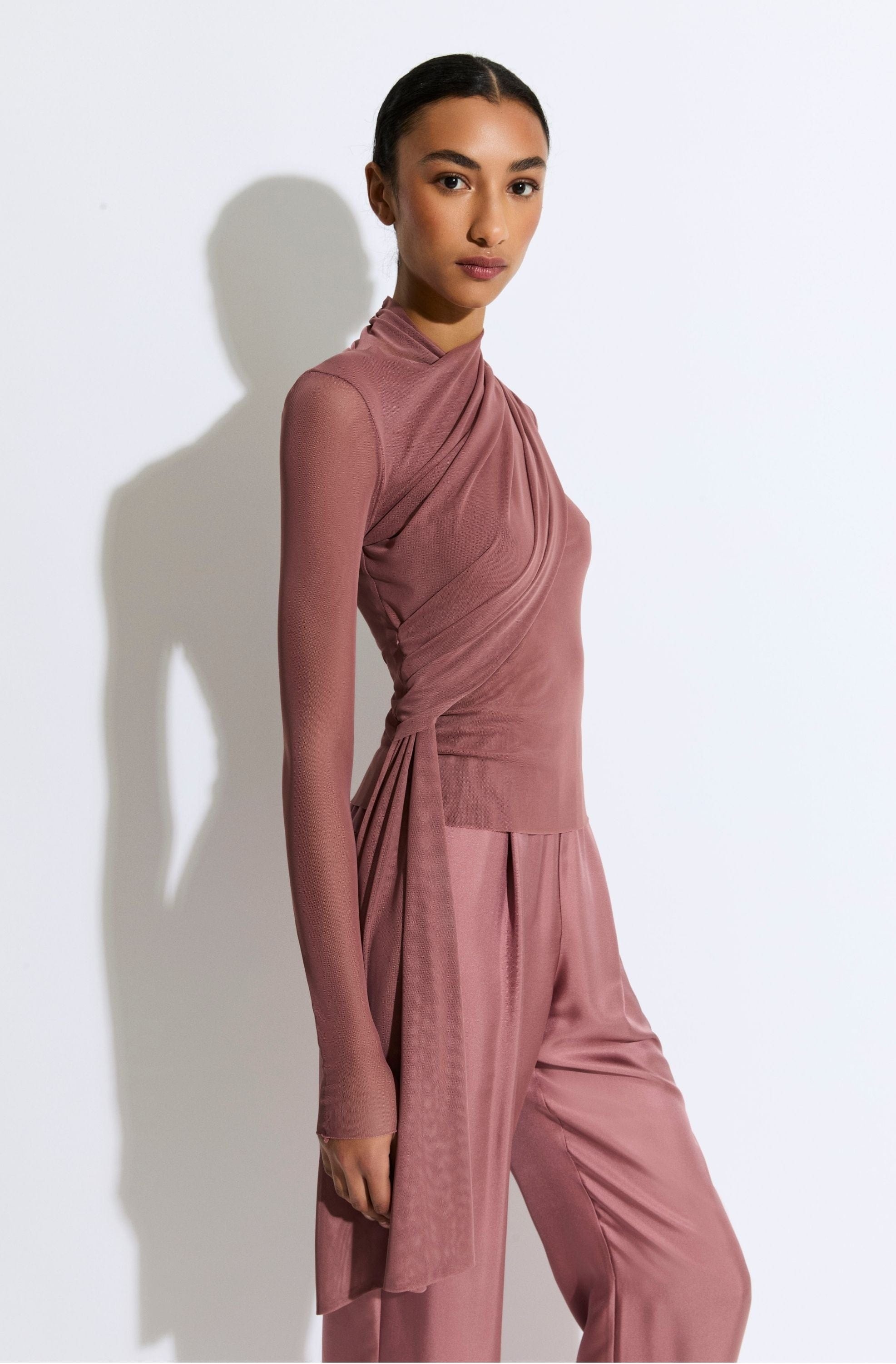 Mesh Mock Neck Draped Top - 4